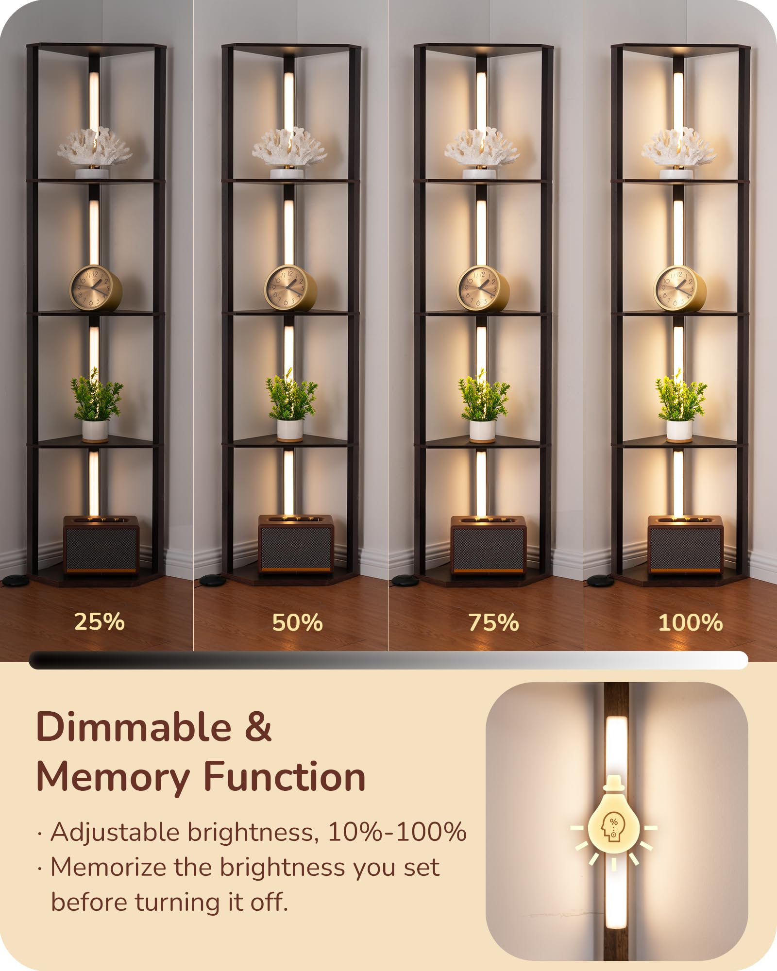 EDISHINE 64in Corner Shelf Floor Lamp, Stepless Dimmable, 3CCT, Black Walnut, Model HFLHA1D, Wood, 12inD x 12inW