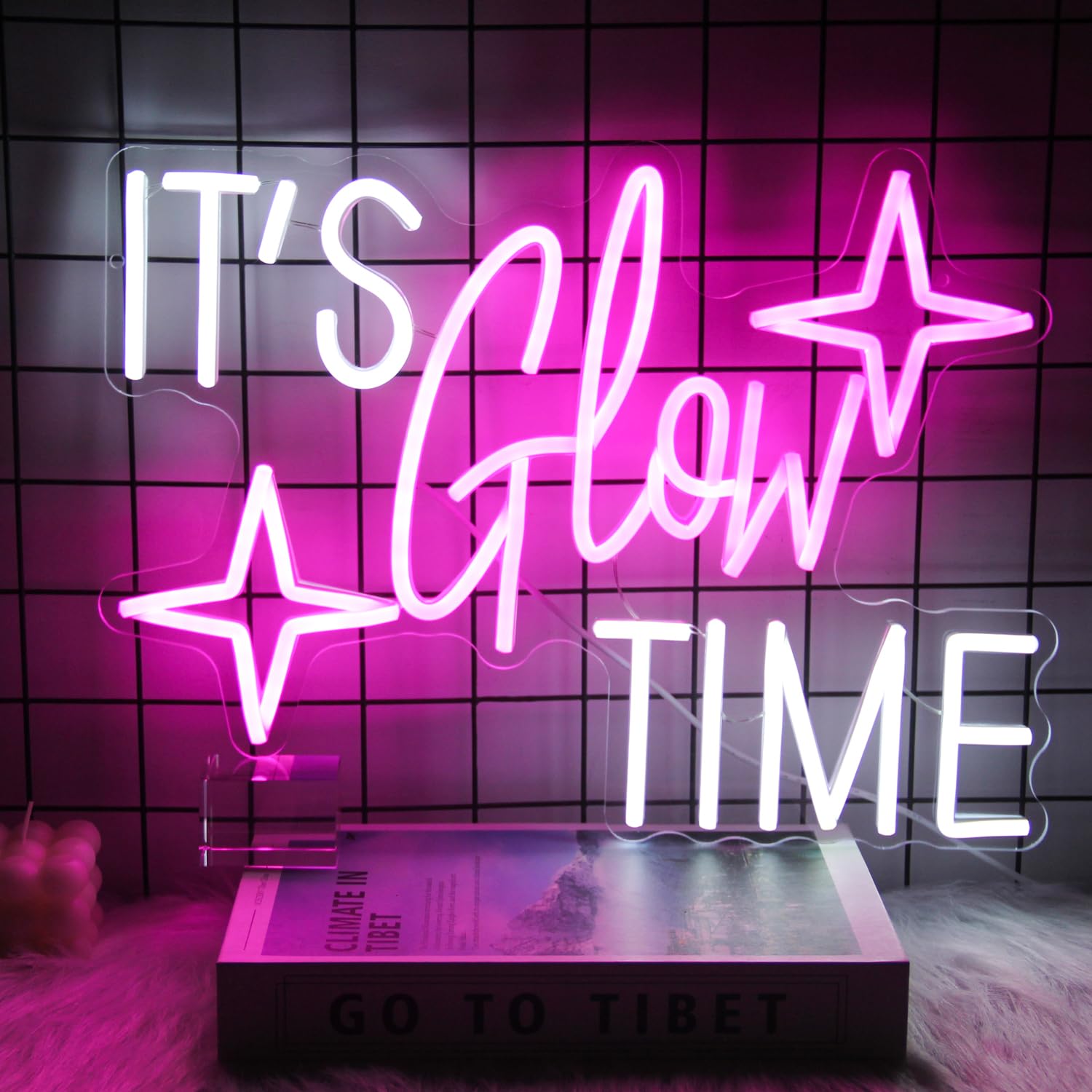 ItS Glow Time Neon Sign Party Decorations Pink White Letter Neon Light Star Led Sign For Wall Celebrate Party Neon Signs For Bedroom Thanksgiving Christmas New Year Bar Decor Girl Gifts