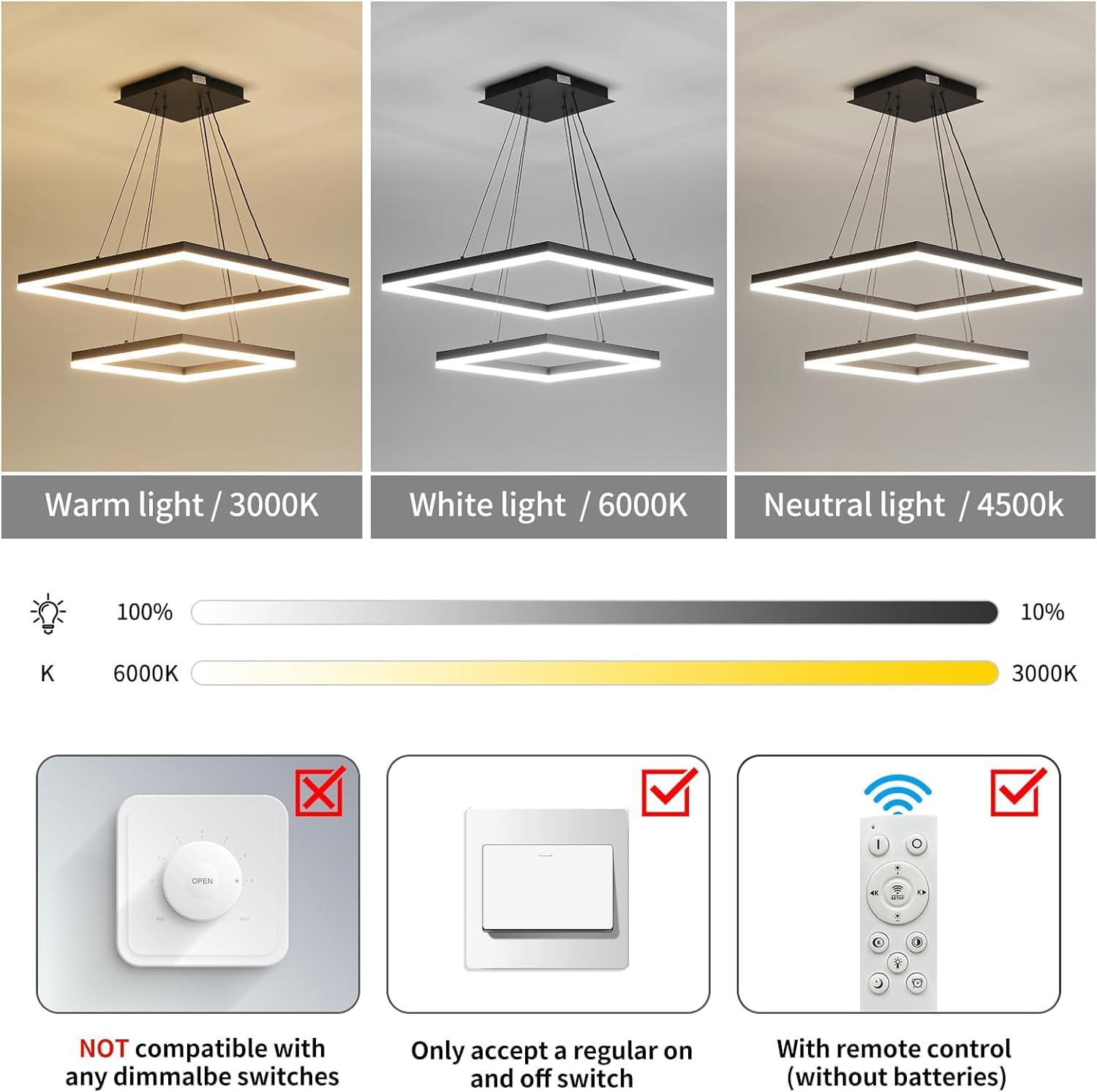 Matven Modern Ceiling Chandelier, Dimmable 3 Color Modes, 15.7+23.6in Black Acrylic Pendant Light Fixture for Kitchen