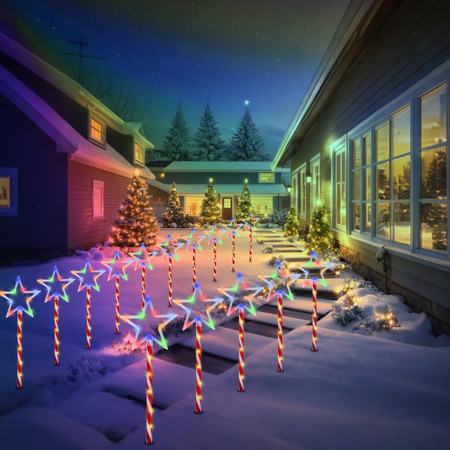 Christmas Decorations Multi-Color Star Lights Solar Garden Lights, Outdoor Waterproof Landscape Path Lights With Red Stake, 8 Pa
