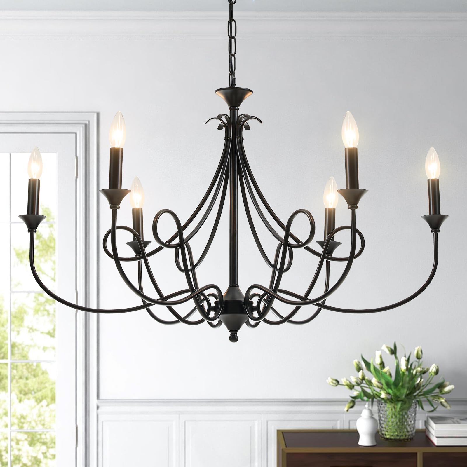 Afirstcght Modern 6-Lights Black Chandelier Large 36.6in Farmhouse Chandeliers Candle Dining Room Light Fixture for Living Room 
