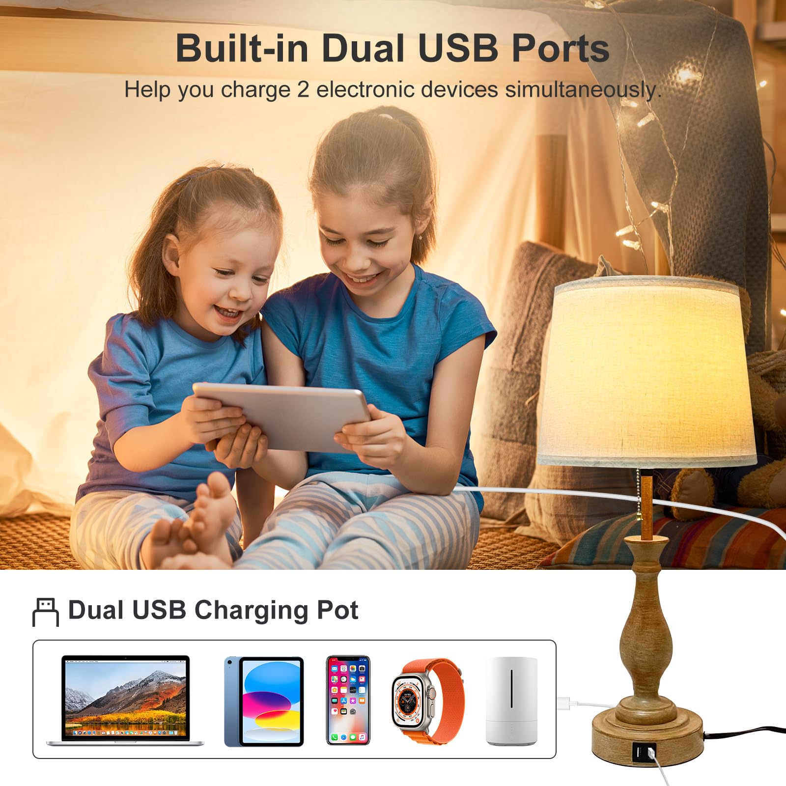 Farmhouse Table Lamp 3-Way Dimmable Table Lamp, Modern Nightstand Lamp With 2 Usb Port Pull Chain Bedside Desk Lamp With Fabric