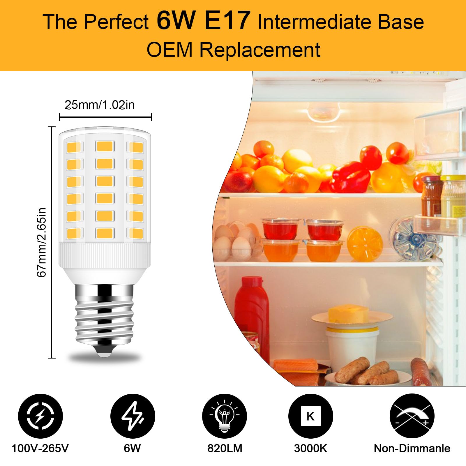 LFLAMPON E17 Intermediate Base LED Bulb, 3.8W Warm White 3000K, Non-Dimmable, 2 Pack for Refrigerators & Microwave Range Hoods