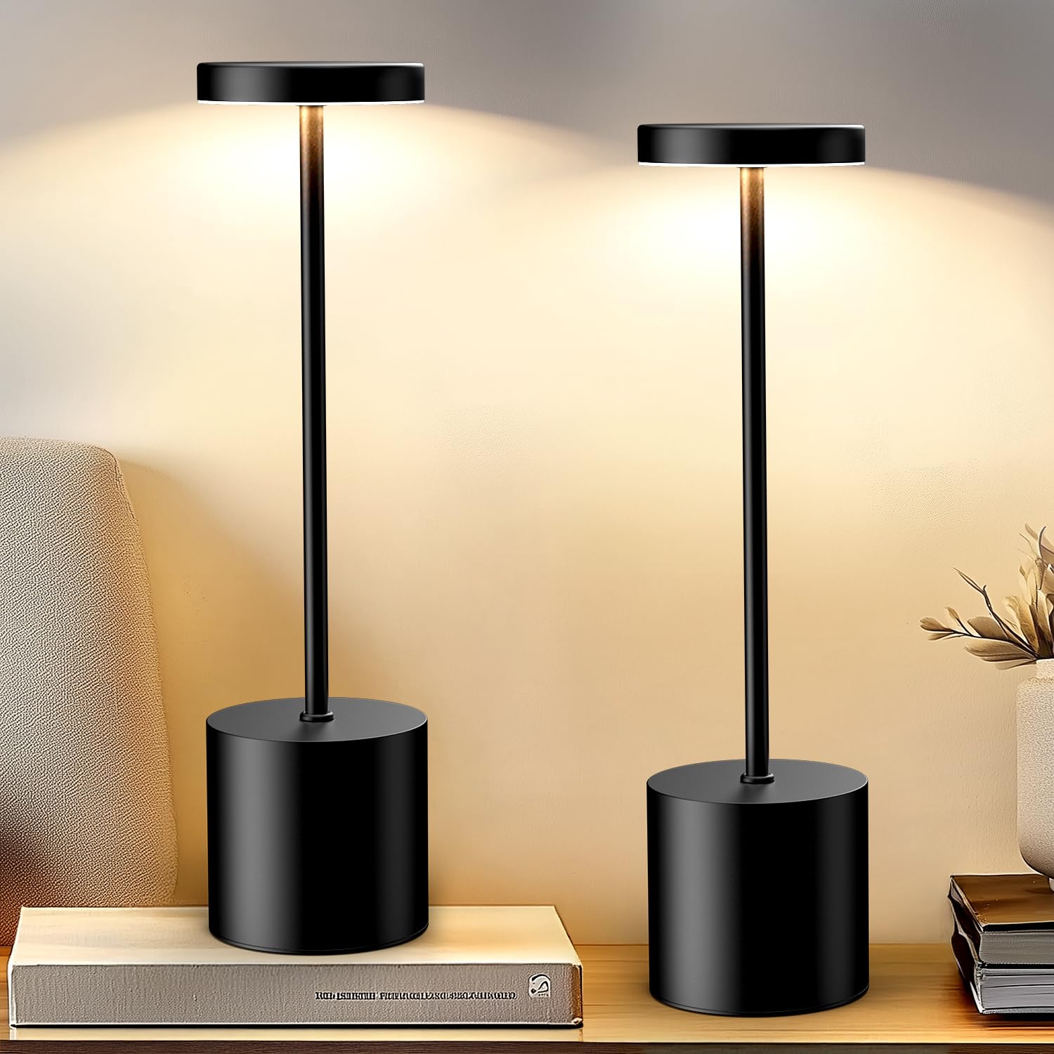AUDLES Cordless Table Lamp - 2 Pack, 5000mAh Battery, 3-Color Dimmable Light, Small Cylindrical, Black