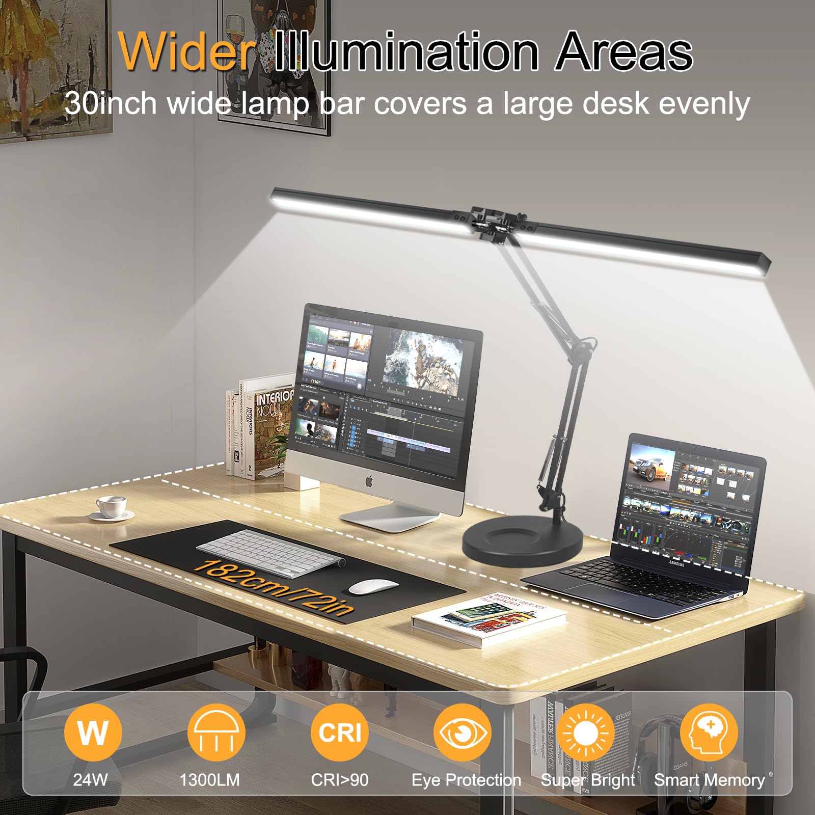 MOLOOR 2-in-1 LED Desk Lamp - 24W, Black, Flexible Swing Arm, 3 Color Modes, Stepless Dimming, Clamp for Home Office & Reading