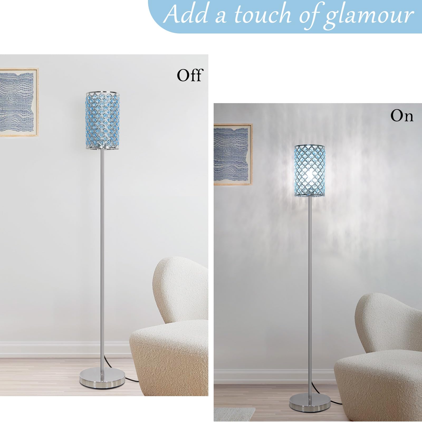 Floor Lamp For Living Room, Crystal Floor Lamp Girl Bedroom Lights, Silver Standing Lamps With Teal Shade, Elegant Standing Ligh