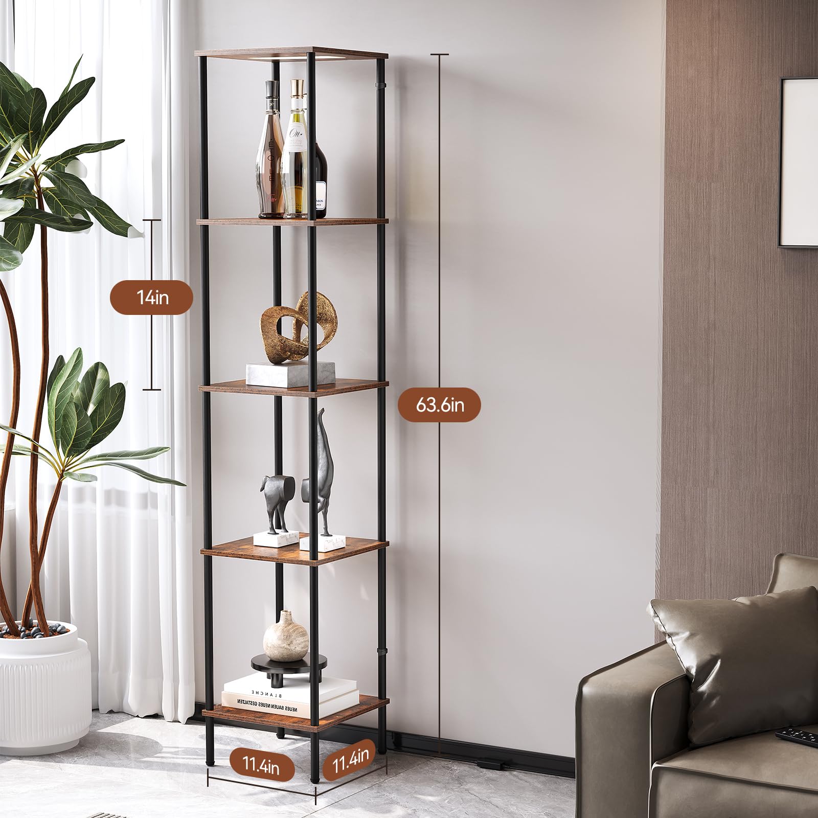 SUNMORY 5 Tier Display Shelf with LED Light, Dimmable Floor Lamp, Rustic Brown, 11.4"x11.4"x64", App & Remote Control, Model F000830
