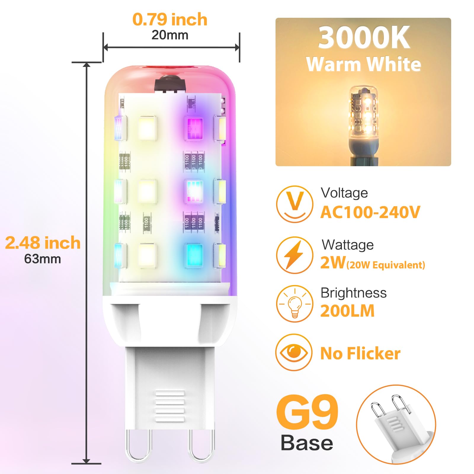 YUIIP G9 RGB LED Light Bulbs with Remote Control, 2W Dimmable, 200LM, Warm White, Pack of 2