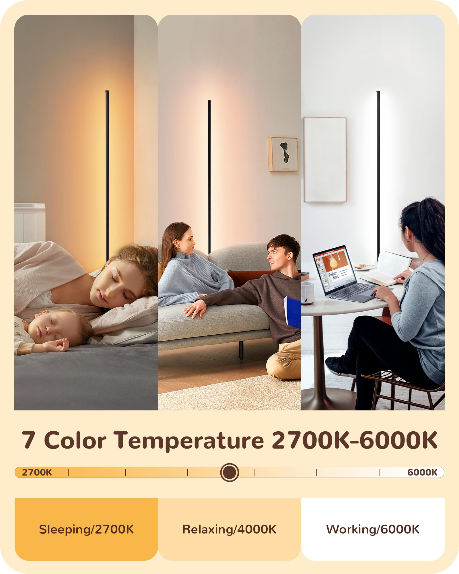 EDISHINE Minimalist LED Corner Floor Lamp with Remote, Set of 2 Modern Dimmable Mood Light, 57.5 Standing Tall Lamp for Living R