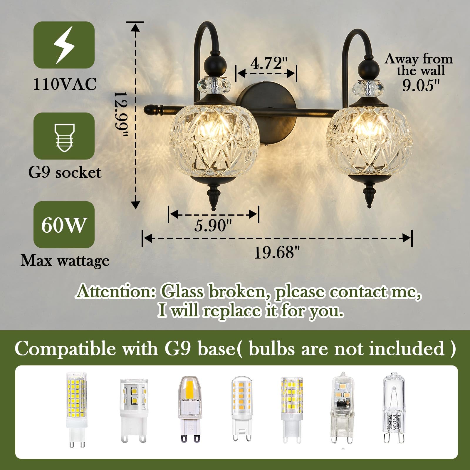 Piepooye Vintage Black Bathroom Light Fixture, 2-Light G9 Wall Sconce, Iron Glass Globe Lamp for Indoor Vanity, Kitchen, Bedroom