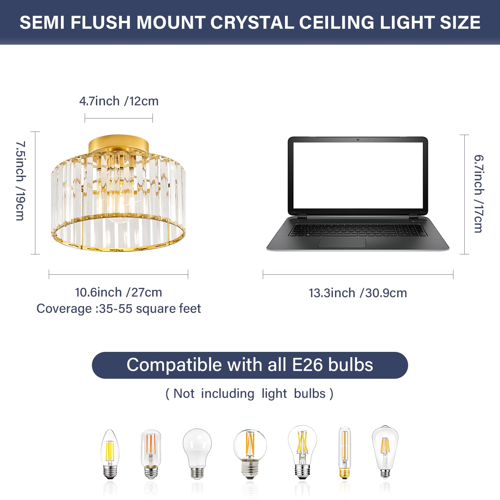 Violoemi Crystal Gold Semi Flush Mount Ceiling Light Modern Hallway Light Fixture Metal Close To Ceiling Lamp For Kitchen Living Room Bathroom Entryway Bedroom(10.63 Inch)