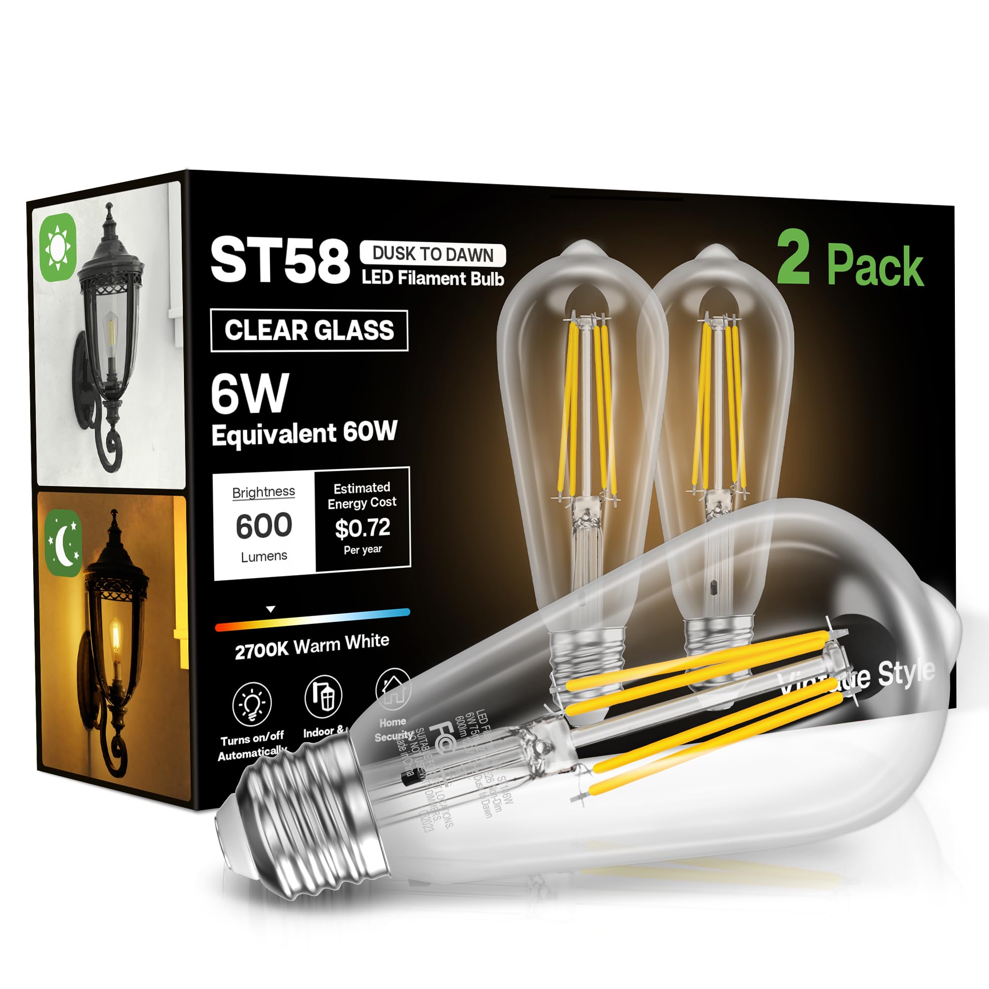 Eastiya Dusk To Dawn Light Bulbs, 6W Equivalent 60W, Soft White 2700K, E26 Base, Light Sensing, St58 Vintage Style, 600Lm, Outdo