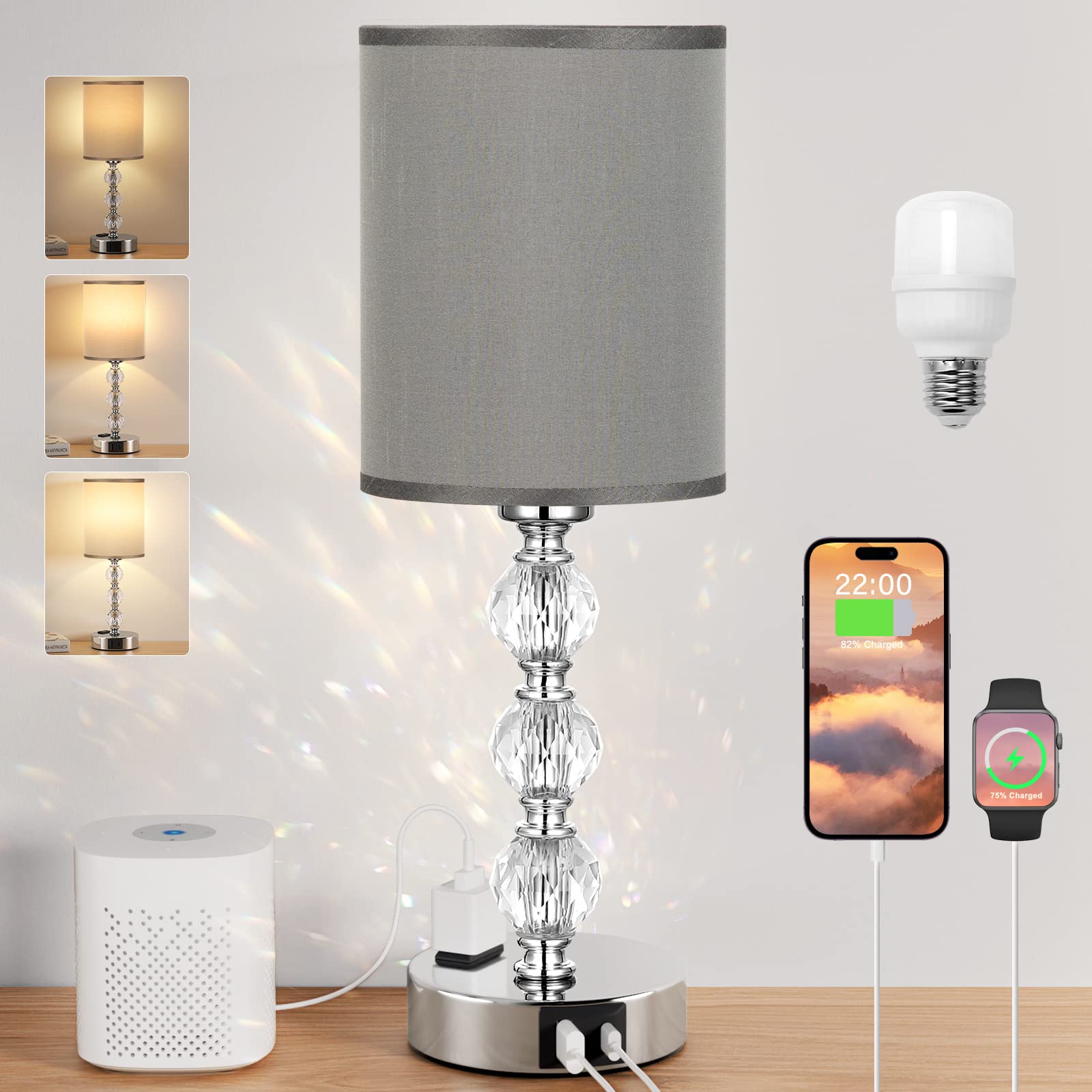Grey Touch Bedside Lamps for Bedrooms - Crystal Table Lamp with USB C+A Charging Port and AC Outlet Nightstand  3 Way Dimmable Silver Small End Side Table Lamp for Living/Guest/Dinning Room/Kitchen