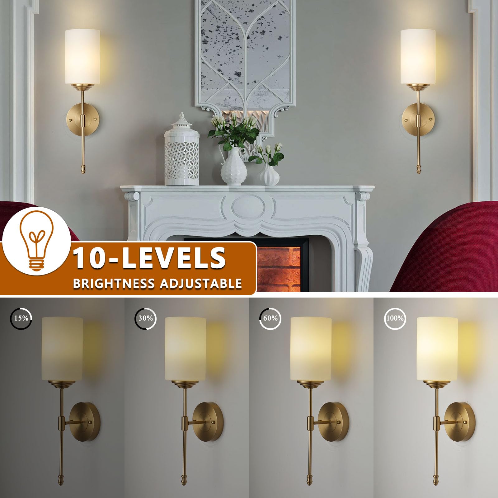HOTRAN Wall Sconces Set of Two, Rechargeable LED Lights, Remote Control, Modern Gold & Glass Design