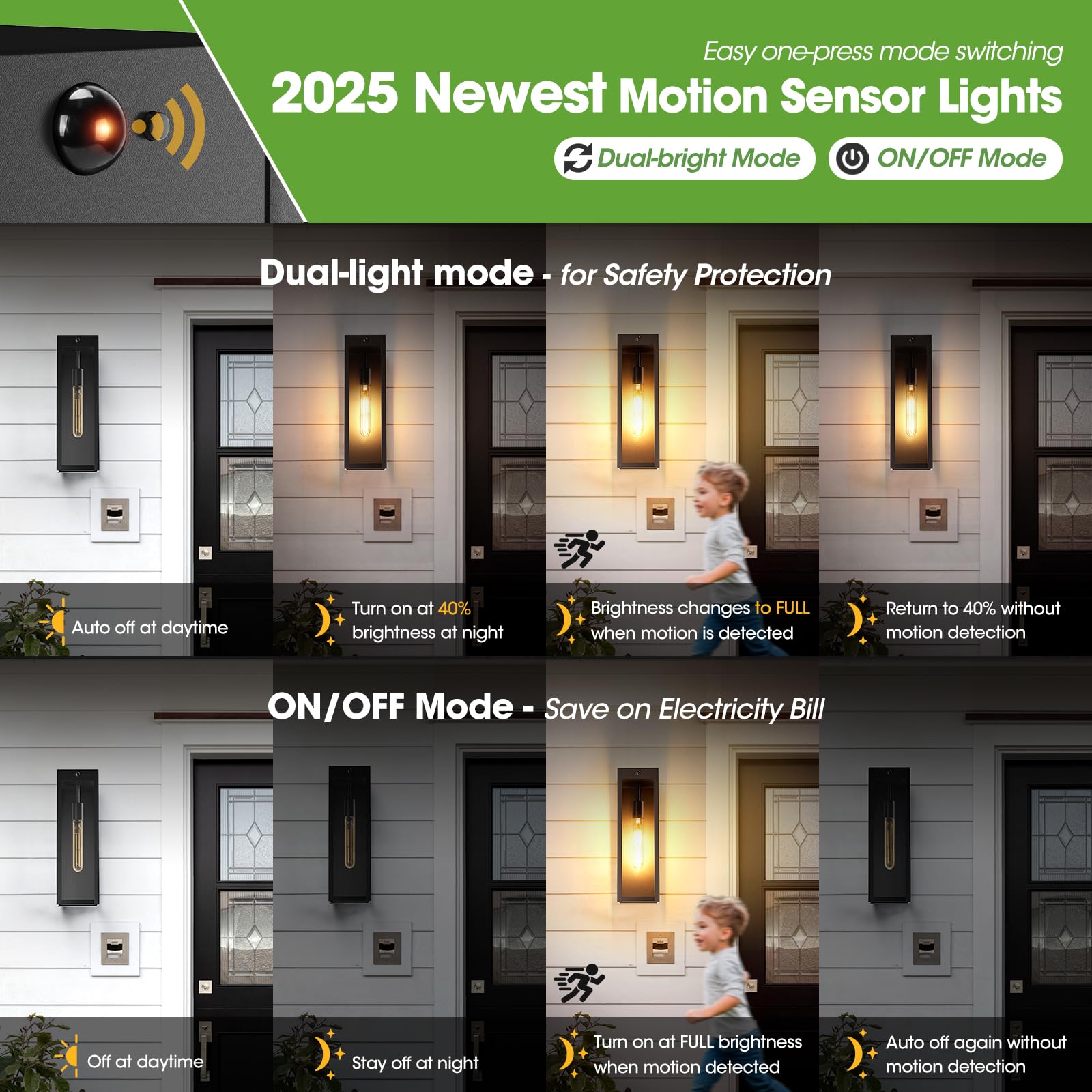 CRIRY Motion Sensor Wall Sconce Lights 2-Pack, 15.3" Waterproof Black Outdoor Fixtures, Model CR-WL604B-BK