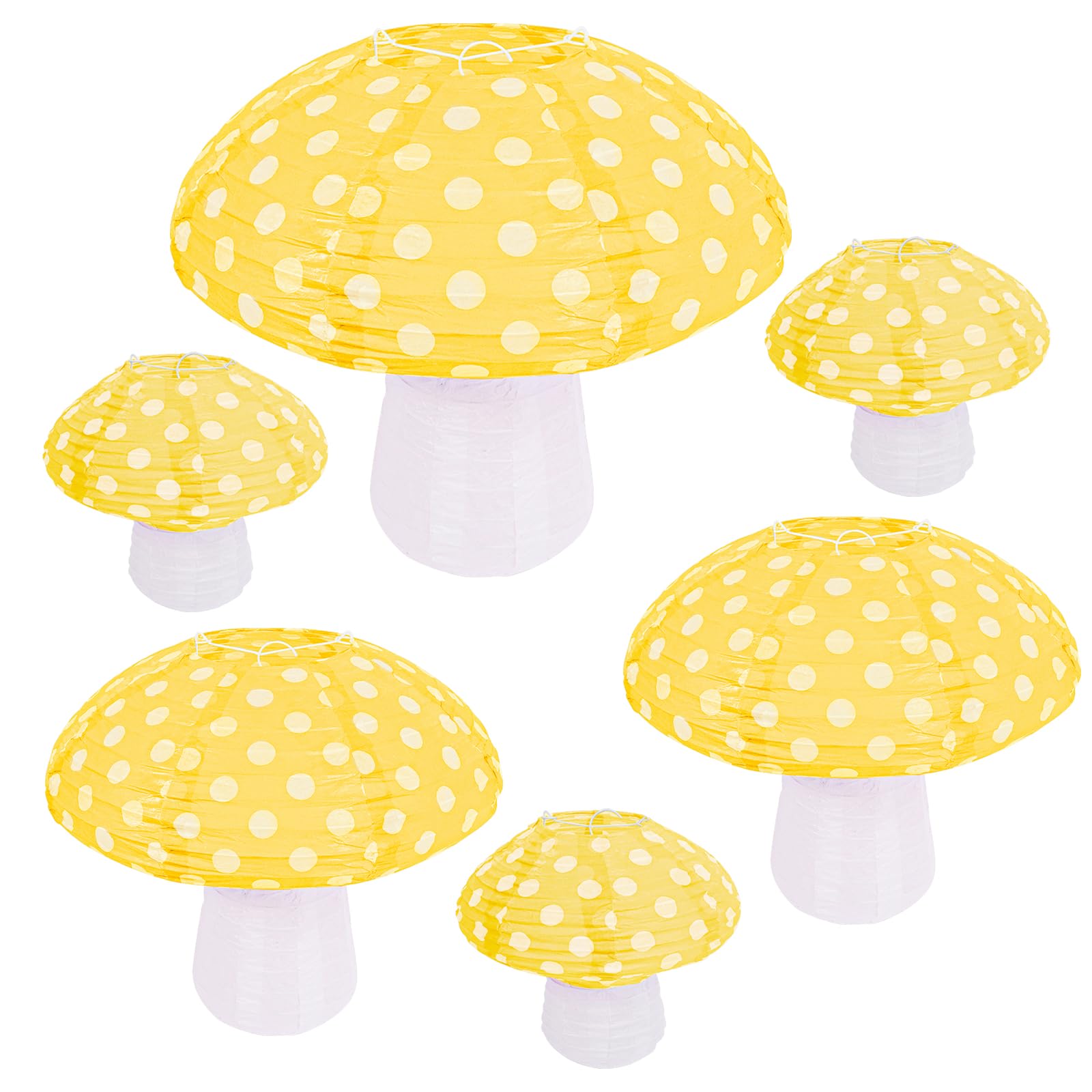 6 Pcs Mushroom Shaped Paper Lanterns for Alice in Wonderland Themed Birthday Party Decorations - 3D Paper Mushroom Yellow