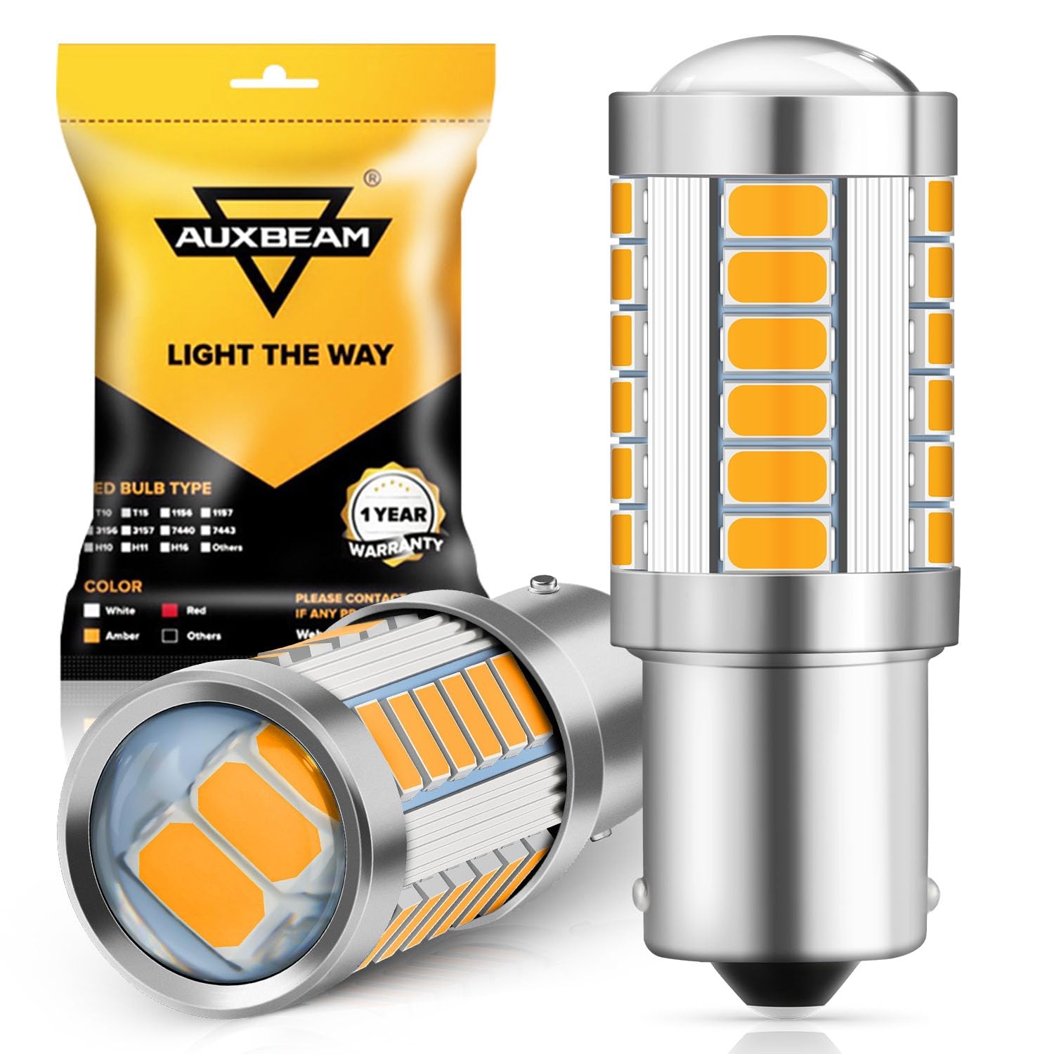 Auxbeam 1156 LED Turn Signal Bulbs, Amber Yellow, 33-SMD Chipsets, Pack of 2, Model H67002586