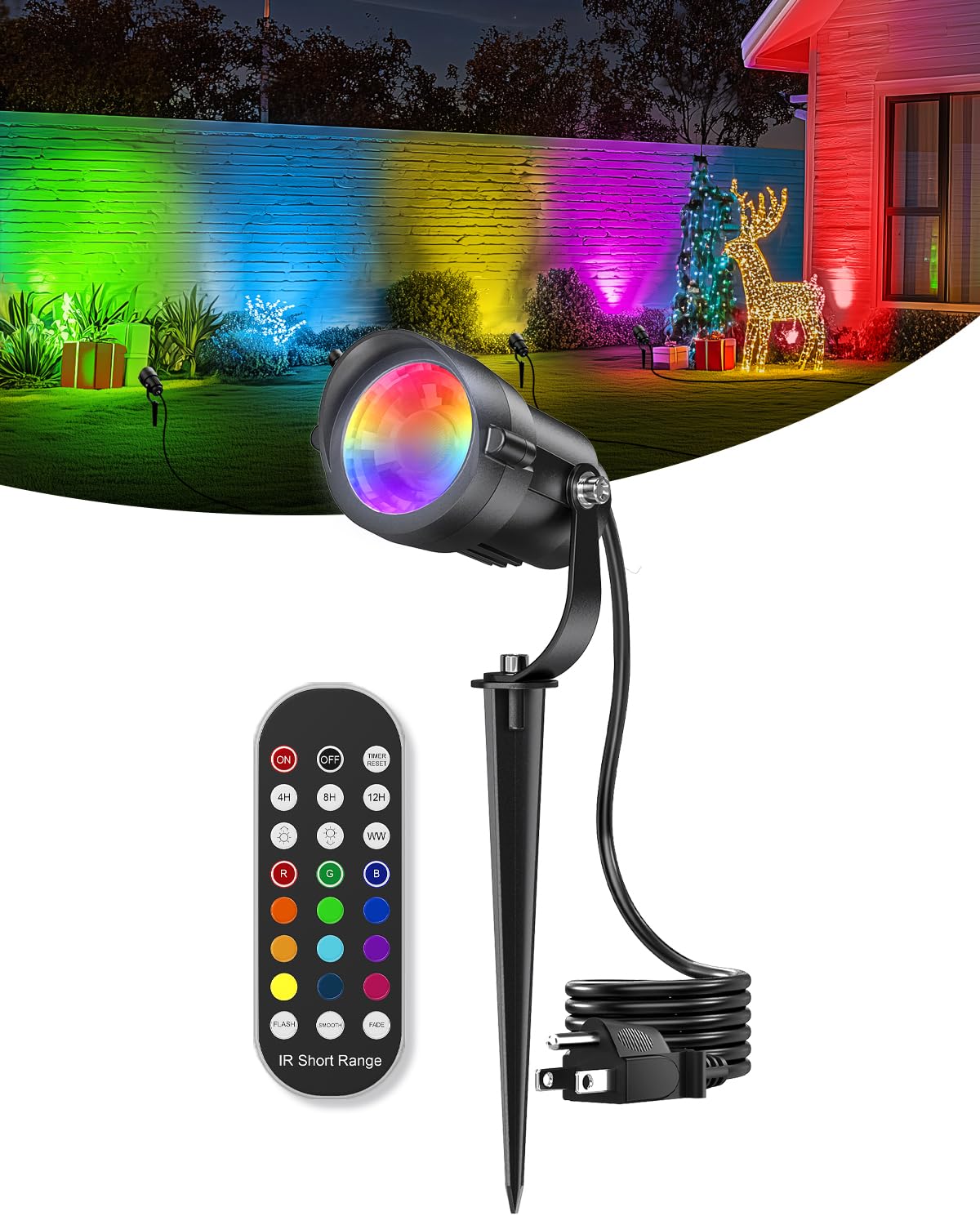 Hiboitec 12W Christmas Spotlight Outdoor With Remote Plug Timer Color Changing 120V Landscape Lighting Waterproof Dimmable Led Spot Light For Yard Christmas Outside House Garden Tree Decoration 1Pack