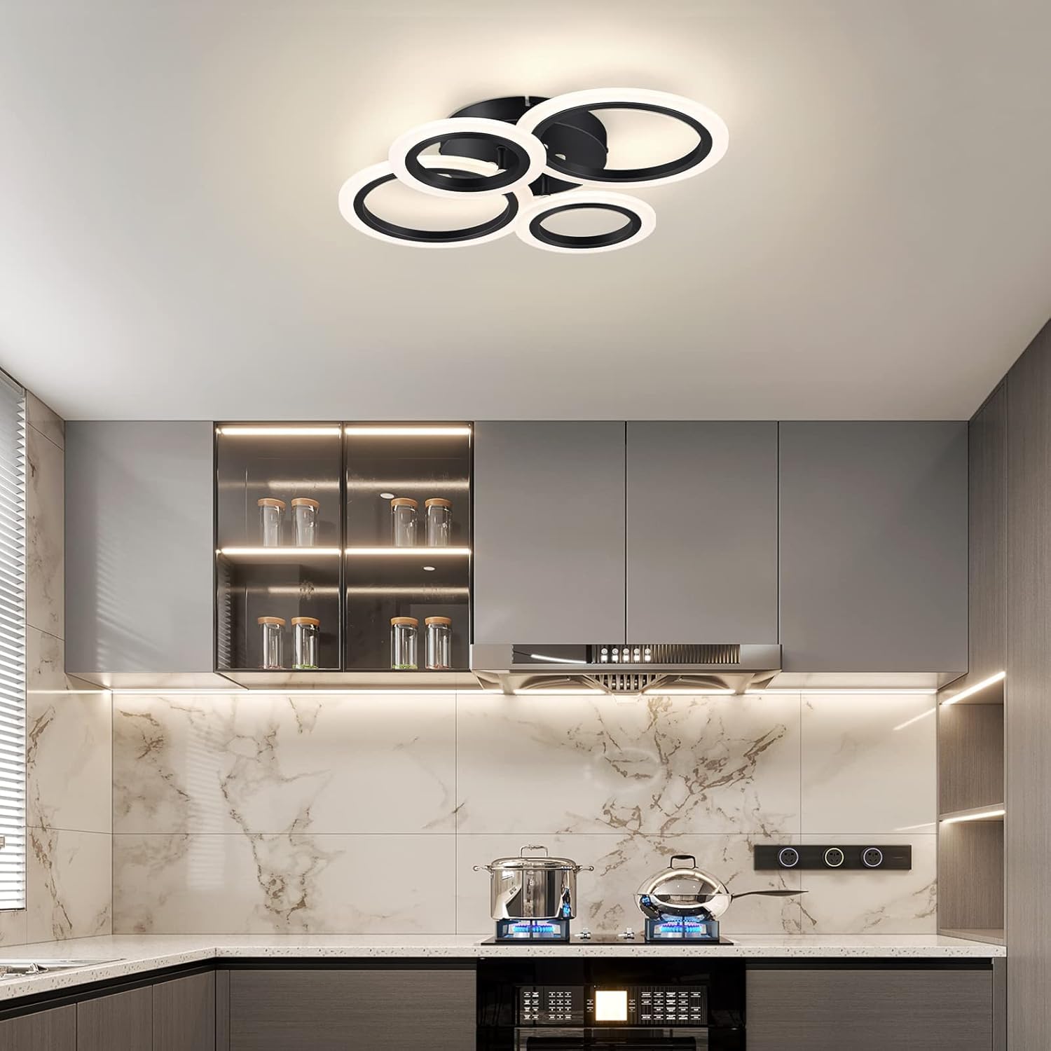 Teminbu Modern Led Ceiling Light, Black 4 Rings Flush Mount Ceiling Light, 4000K Lighting Fixture Ceiling Lamp For Kitchen, Bedroom, Living Room, Laundry Room