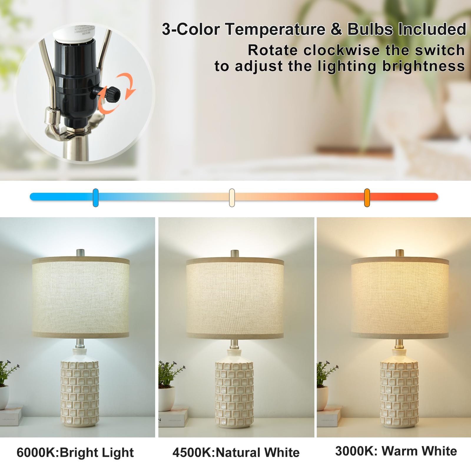 Luvkczc Vintage Farmhouse Table Lamp Set Of 2, Grid Nightstand Lamp With Eye-Protecting Fabric Shade, 3-Color Temperature&2 Bulb
