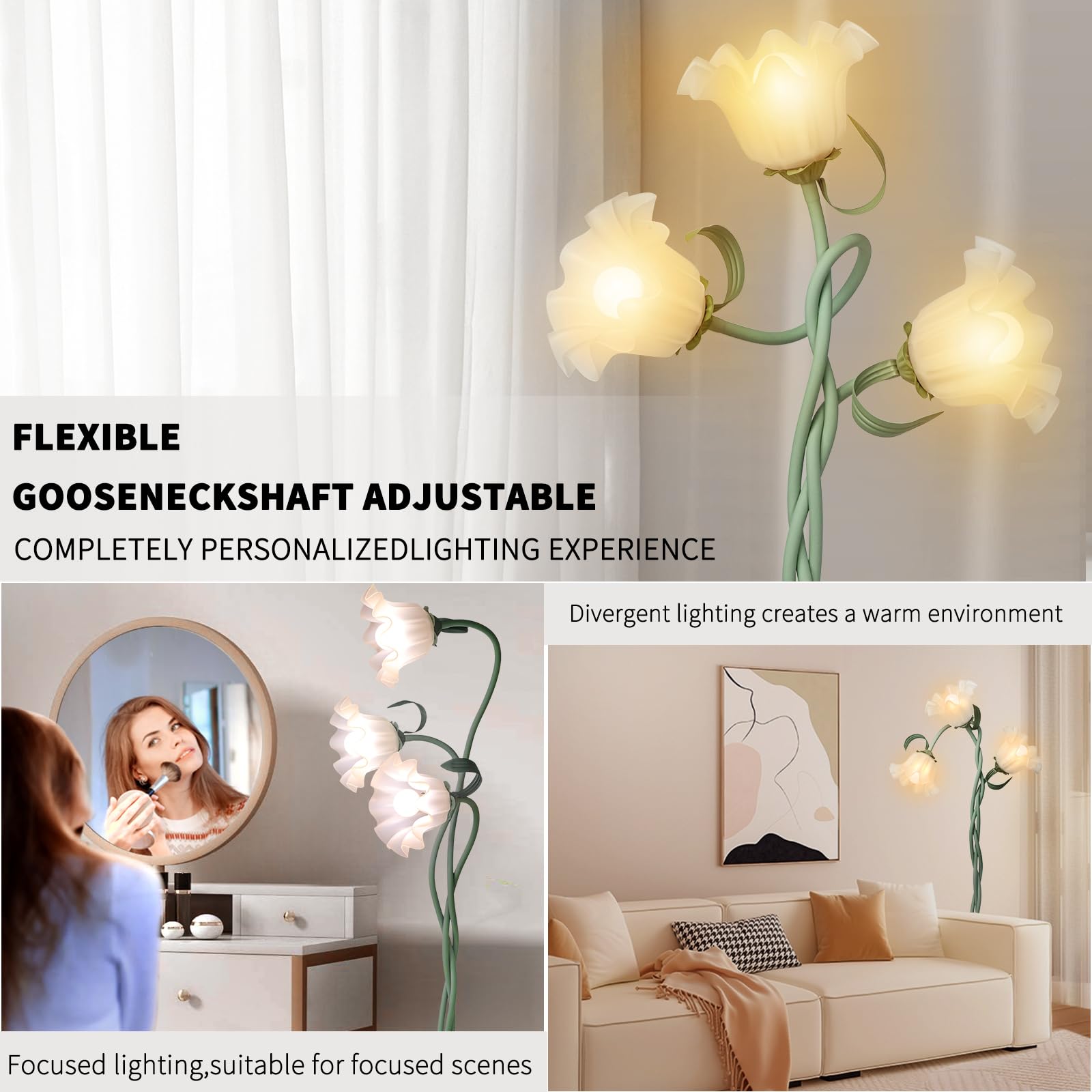 Fuzzbopn Flower Floor Lamp For Living Room, Tall Flower Reading Lamp With Flexible Neck Shaft For Bedroom Decor, Modern Corner Floor Lamps With 3-Color Temperatures Led Bulb