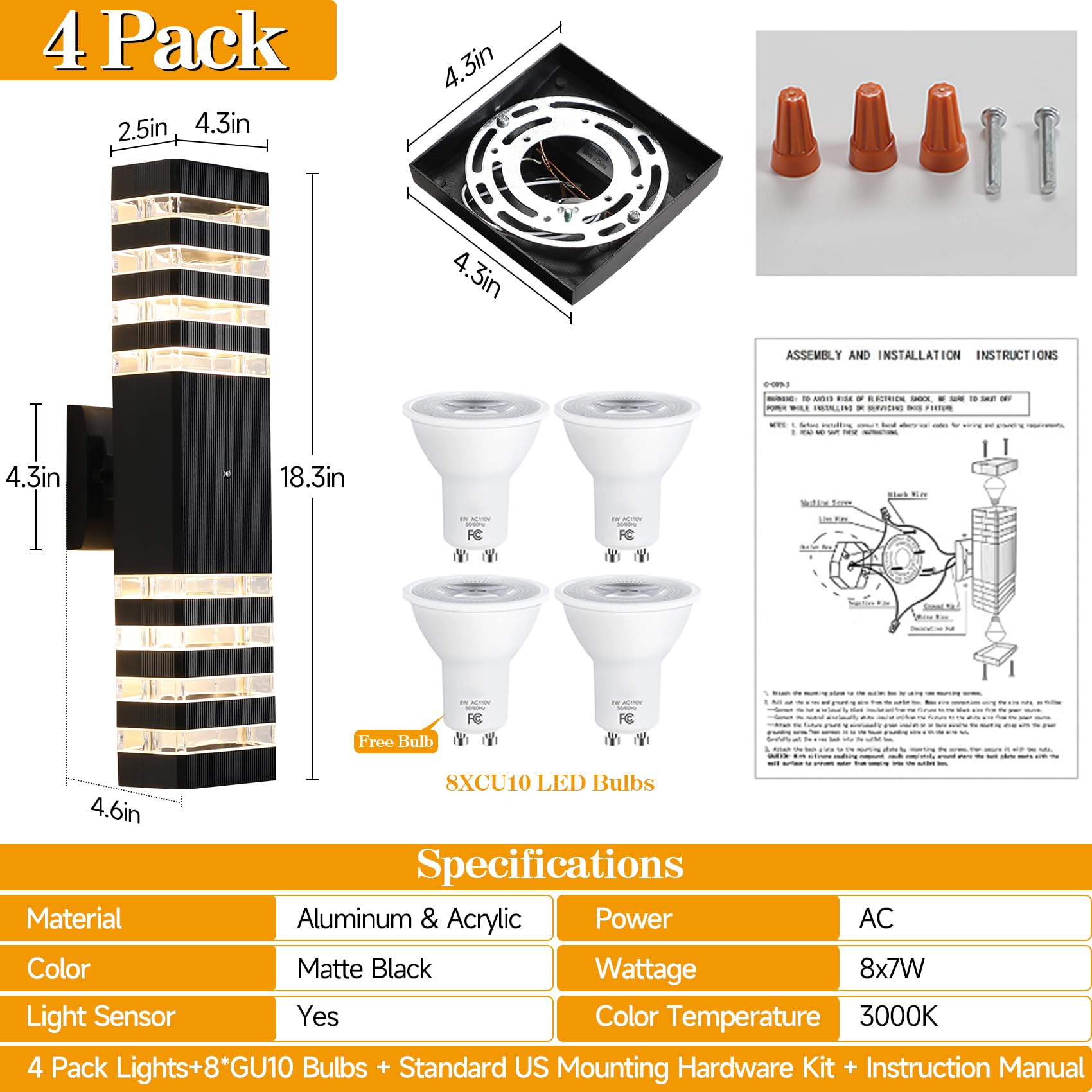 ZSMAIKU Outdoor Wall Light Fixtures, 18.3in Waterproof, Up & Down, 4-Pack, Black, 7W LED Bulbs, Aluminum, Model MK-057-LS