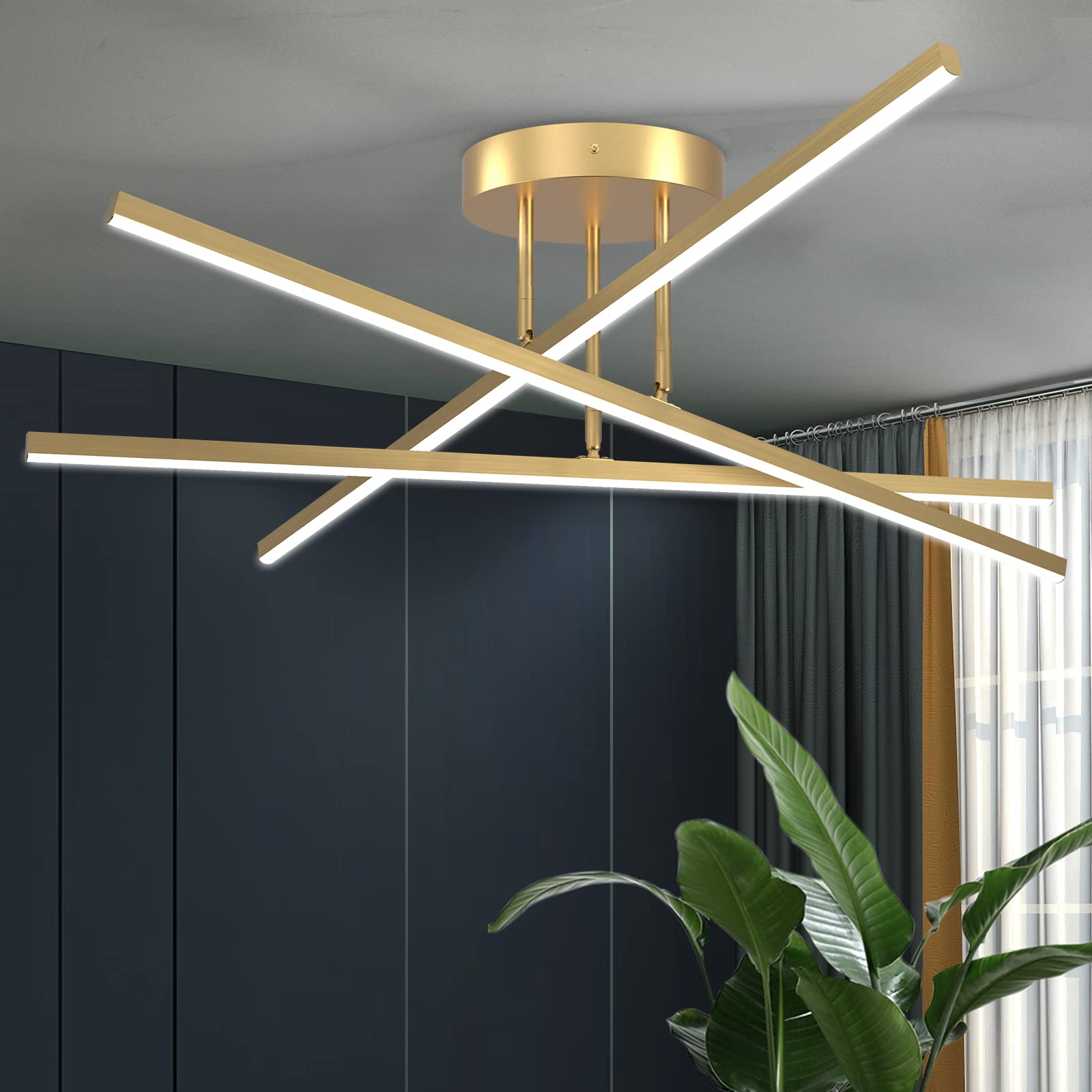 Airyphant Gold Led Chandelier, 3-Lights Modern Semi Flush Mount Ceiling Lighting Fixture For Kitchen Dining Room Foyer Entry Bed