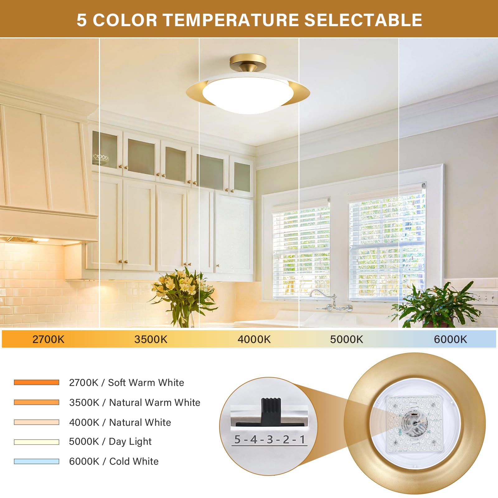 Dimmable Modern Mid-Century Ceiling Light, White And Gold Led Semi Flush Mount Ceiling Light, 5Cct 2700K-6000K Lighting Fixture Ceiling Lamp With Acrylic Shade For Bedroom Kitchen Living Room, 15.8In