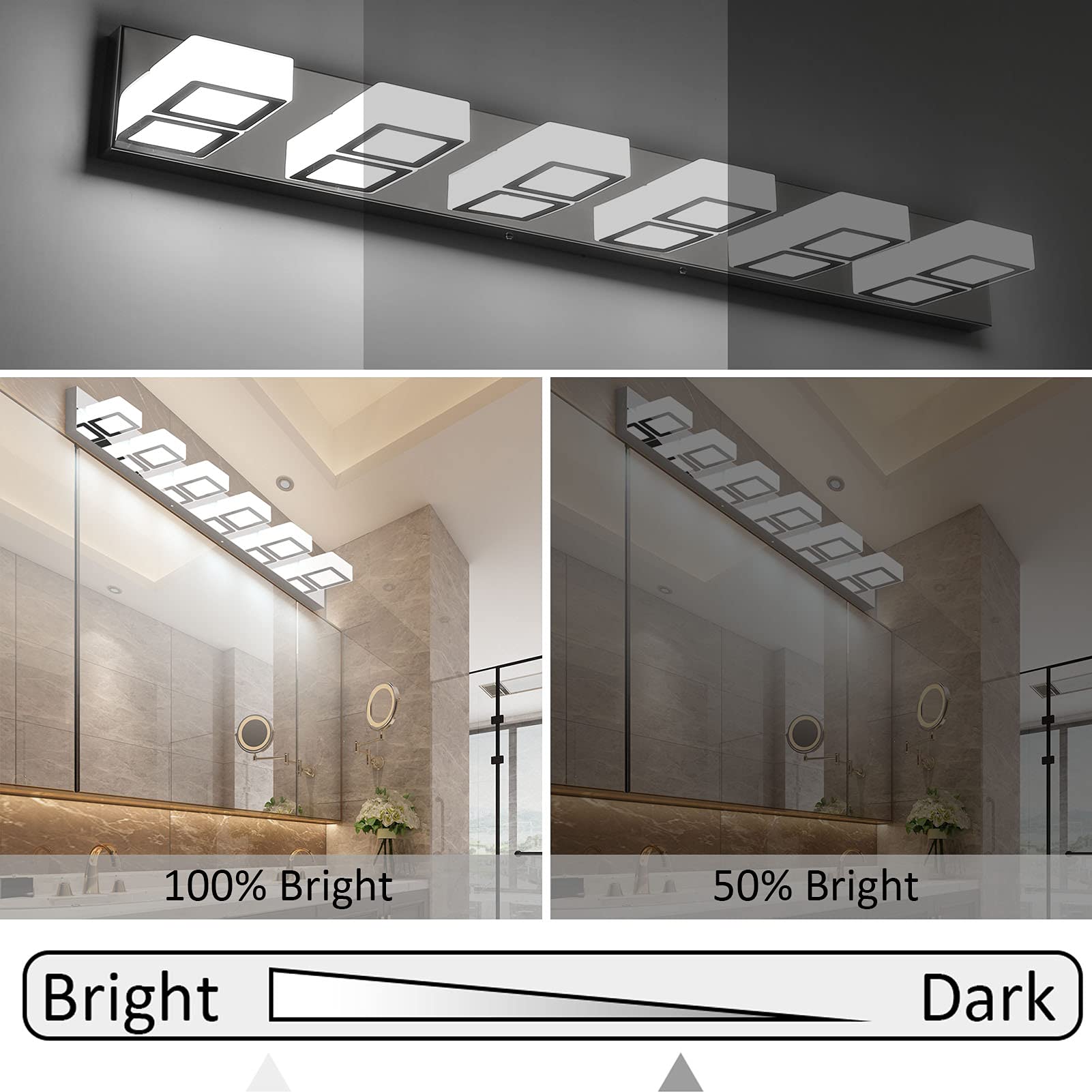 Ralbay Modern Chrome 6-Light Bathroom Vanity Light, Dimmable LED, Stainless Steel, 6000K Cool White, Model D-8590-6T