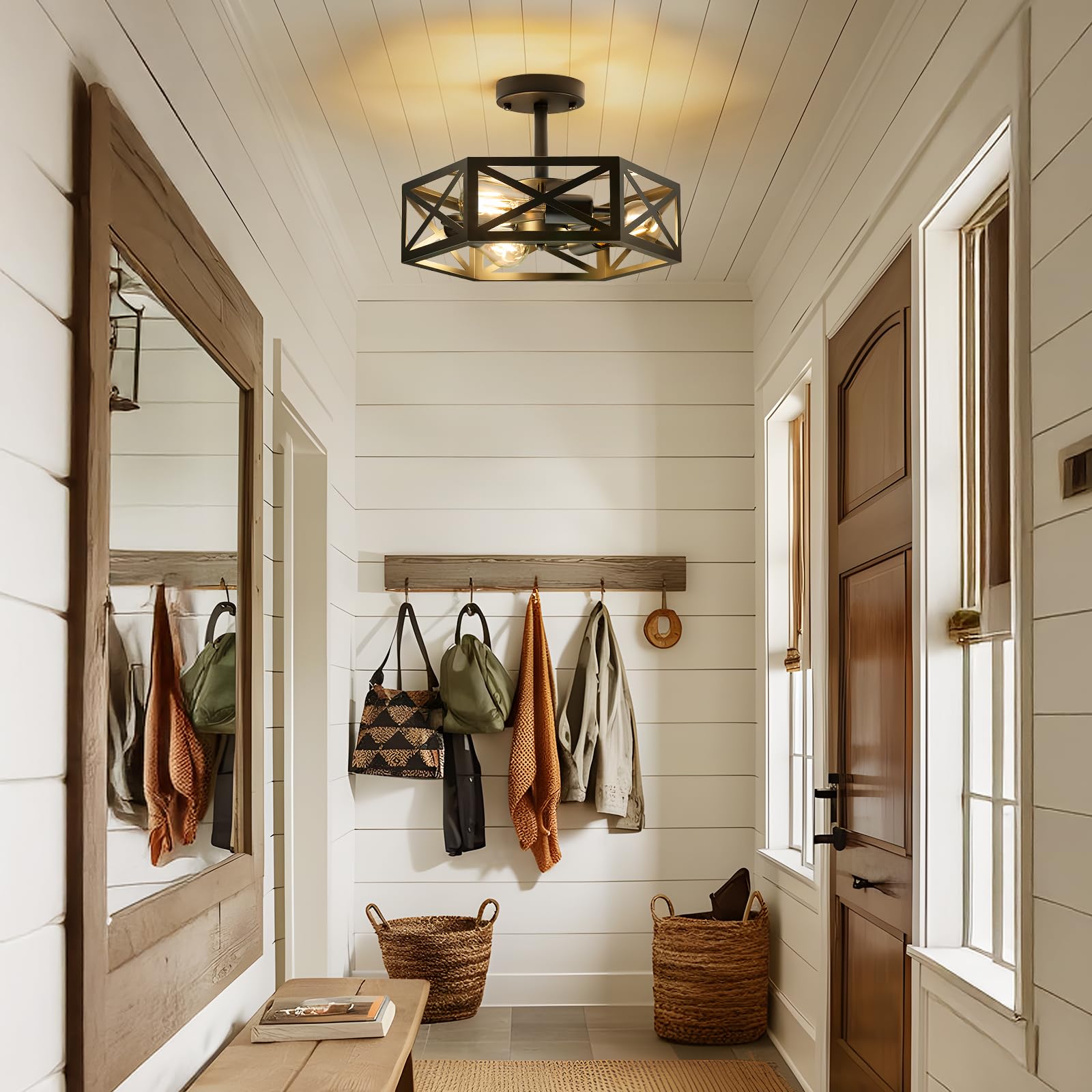 Oteedo Modern Semi Flush Mount Ceiling Light 3-Light Hexagon Flush Mount Ceiling Lights For Dining Room Light Fixture Farmhouse Black Metal Kitchen Island Lighting Fixtures For Hallway Bathroom