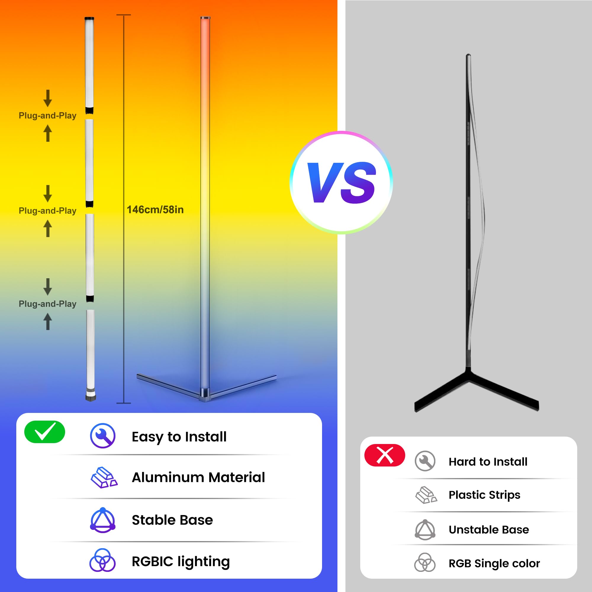 Corner Floor Lamp, Modern Led Corner Lamp With Ac Adapter & App & Remote Control, 16 Million Colors, 68+ Scene Modes, Music Sync