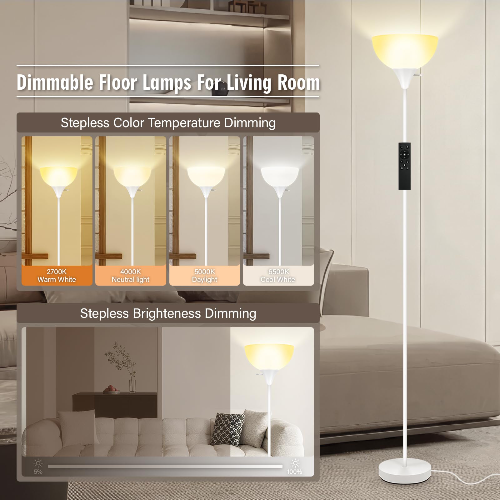 Bricosmocon Floor Lamp, 71in  Torchiere, Remote Control, 2700K-6500K Adjustable Brightness, Metal, White, Model F0162