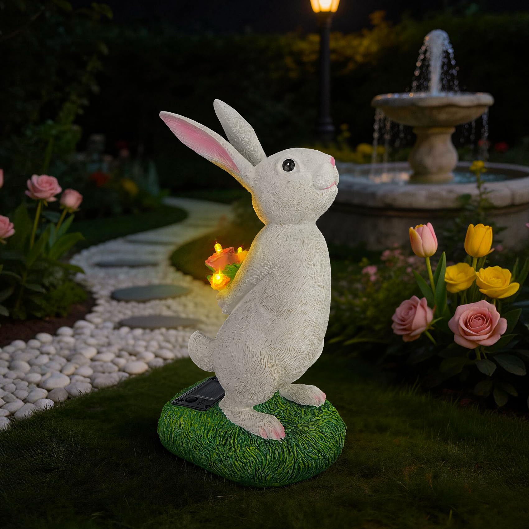zuzuzen Cute Solar Bunny Garden Statue with Warm LED Flower Lights, Handcrafted Outdoor Rabbit Decor for Patio, Balcony, Yard, L