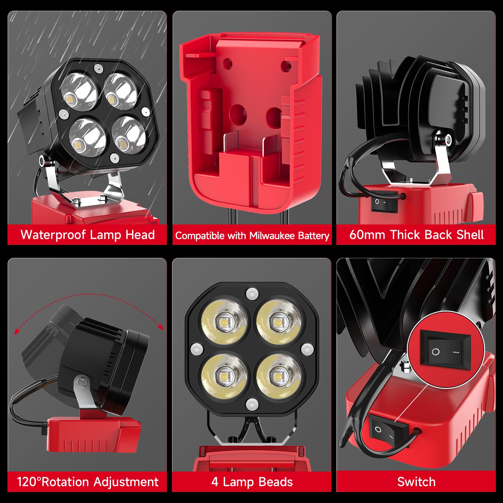 2 Packs Led Work Light Compatible With Milwaukee 18V Battery, 40W 6000Lm Flashlight,18V Battery Cordless Work Light 120Adjustabl