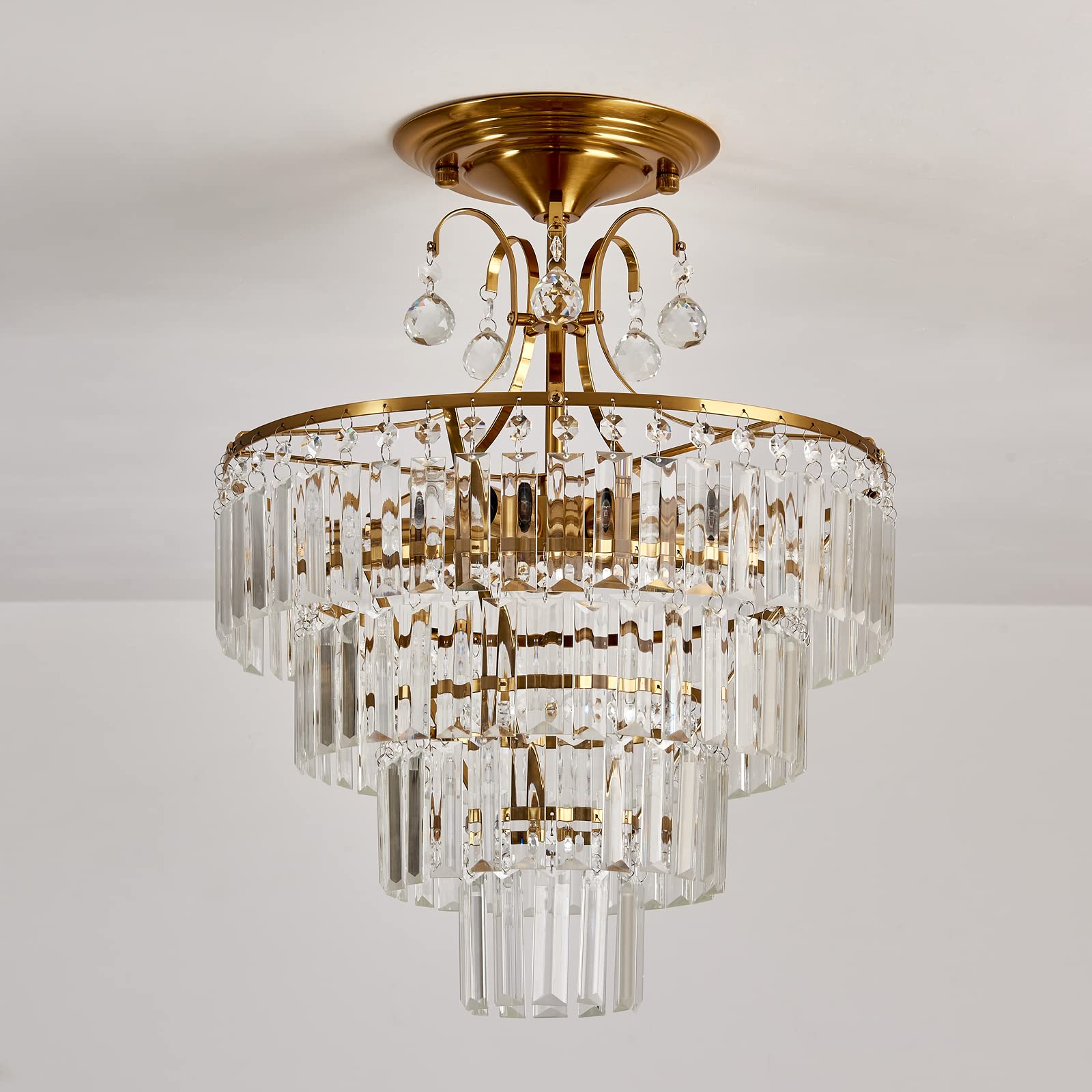 CVKASH 5-Light Crystal Gold Chandelier, Modern Semi Flush Mount Ceiling Light, 15.3 Inch, E12, Model W-1102