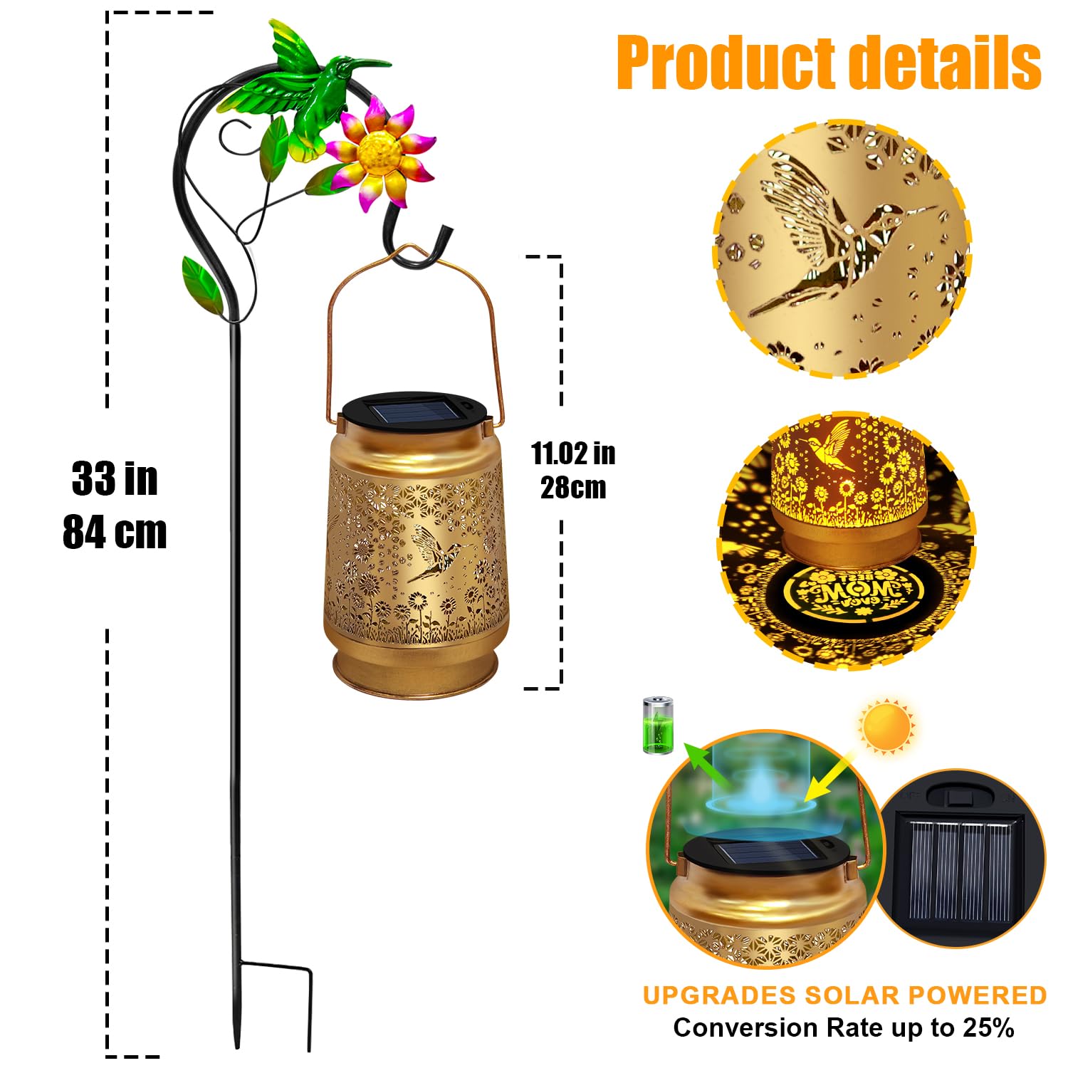2 Pack Solar Lanterns Outdoor Decor - Perfect Gifts For Mom Women Grandma, Solar Powered Hummingbird Sunflower Lantern With 8-Ho