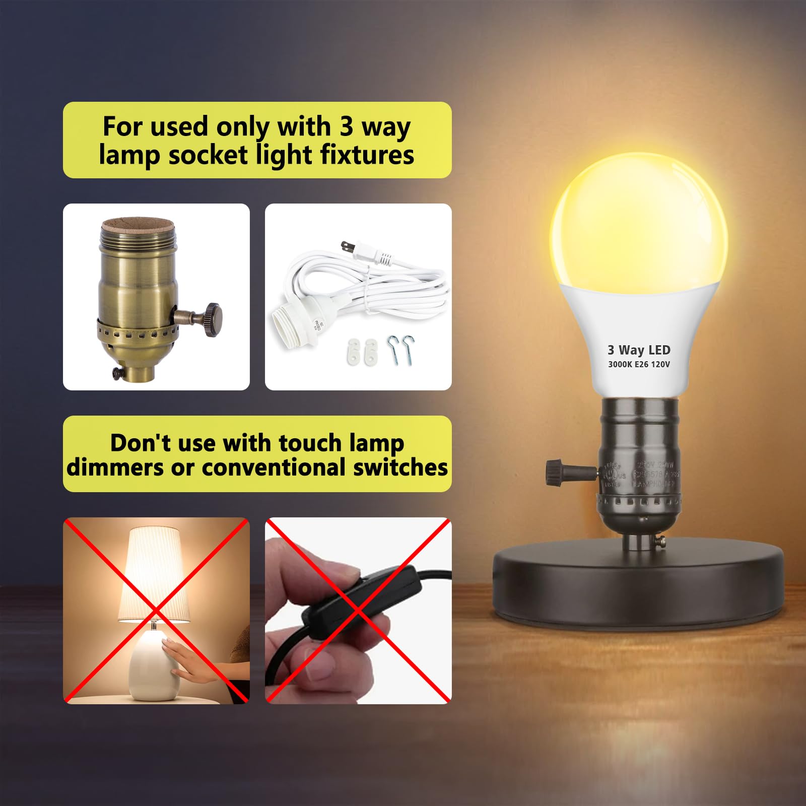 Wiyifada 3 Way Led Light Bulbs 8 Pack, Soft White 3000K, E26 Base, Indoor Reading