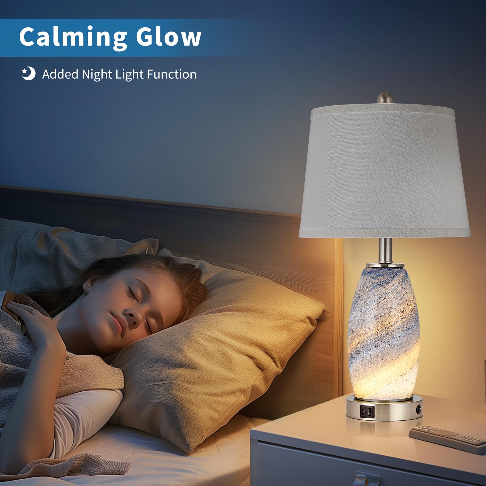 Blue Lamp For Bedroom & Bedside With 3-Way Lighting Modes & Usb C+A - Modern Style Glass Nightstand Table Lamp For Living Room & Bedroom Decoration (23.5 H)
