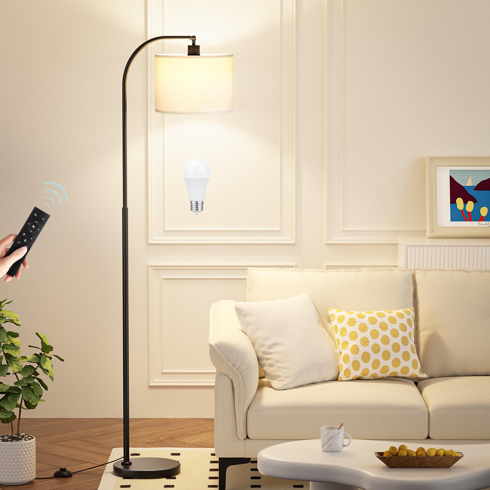 Ambimall Arc Floor Lamp, Remote & Stepless Dimmable, 63 inches, White Shade & Black Pole, Model RPT-QZB40403