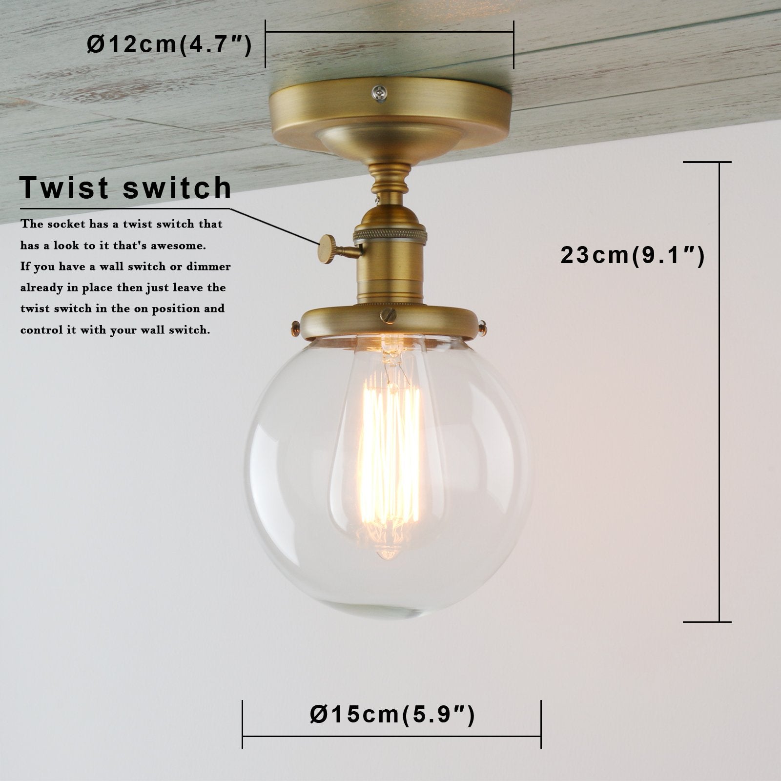 Permo Semi Flush Mount Ceiling Light Modern Globe Clear Glass Shade Industrial Hallway Light Fixtures For Kitchen, Bathroom, Far
