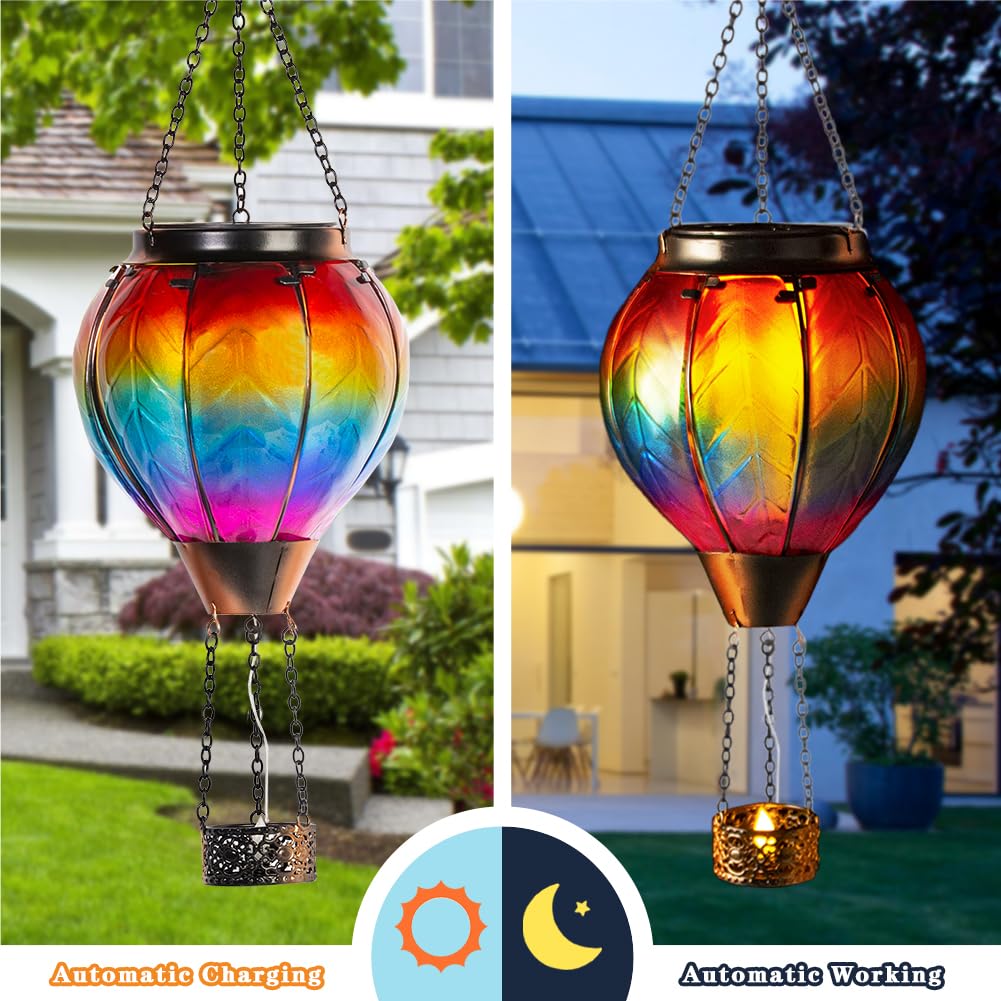 Starsoul Solar Lantern - 2 PC Rainbow Hot Air Balloon, Waterproof Glass, Colorful Outdoor Hanging Light for Garden Patio Party Decorations