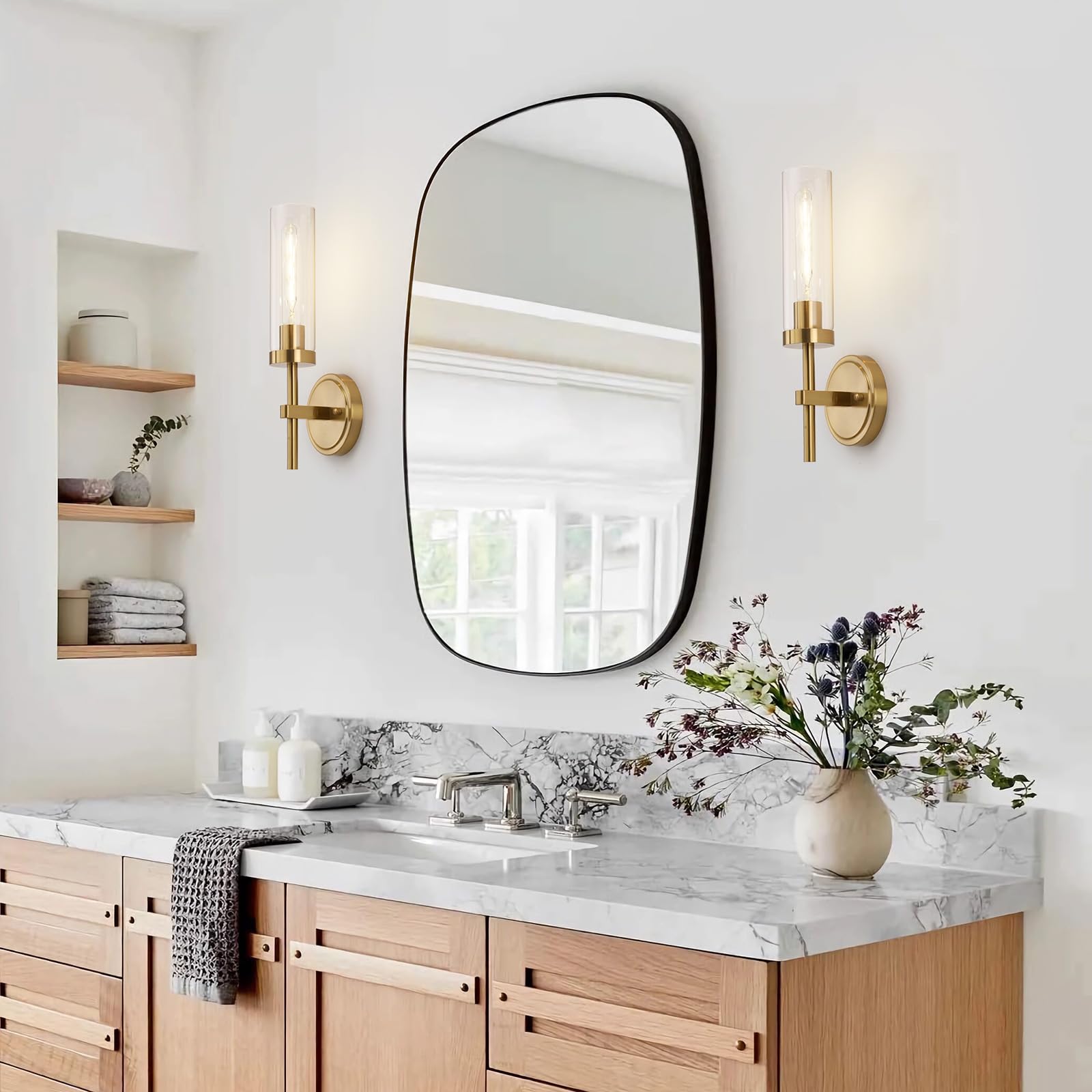 Santostock Gold Wall Sconces Set Of 2, Modern Bathroom Sconces Wall Lighting Vanity Light Fixtures With Clear Glass, Brushed Bra