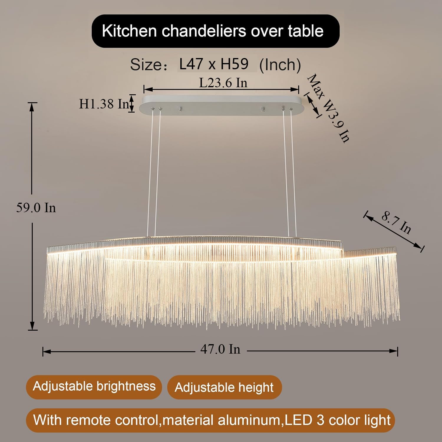 Puvaue Aluminum Tassel Linear Chandelier, LED Dining Room Light Fixture, L47 Inch, Silver, Remote Control