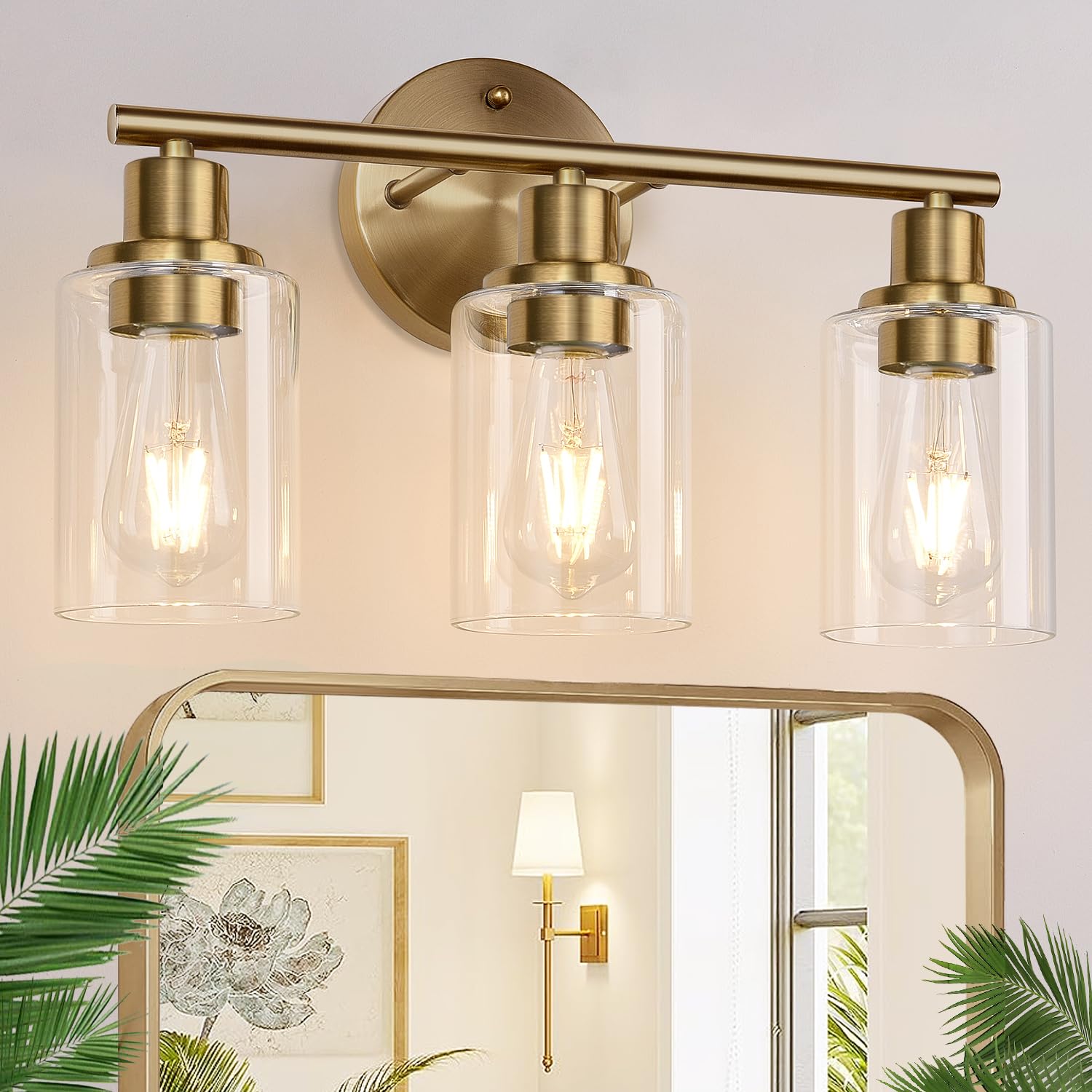 3-Light Bathroom Light Fixtures, Brushed Brass Bathroom Wall Lights With Clear Glass Shade, Modern Bathroom Wall Lamp For Mirror