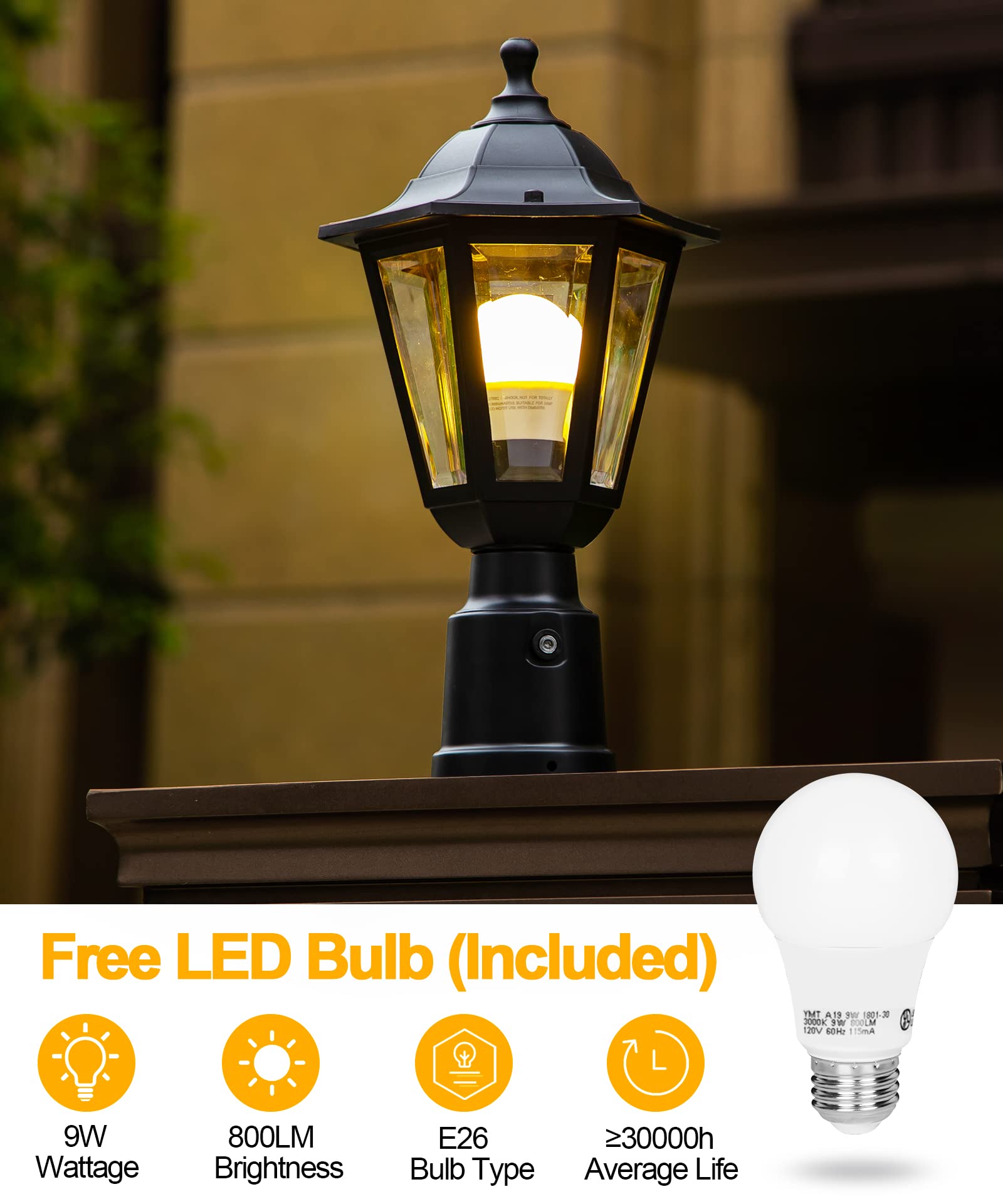 FUDESY Dusk to Dawn Sensor Outdoor Post Light, Waterproof Plastic Lantern, Black, Model FDS6163B1PS, LED Bulb Included