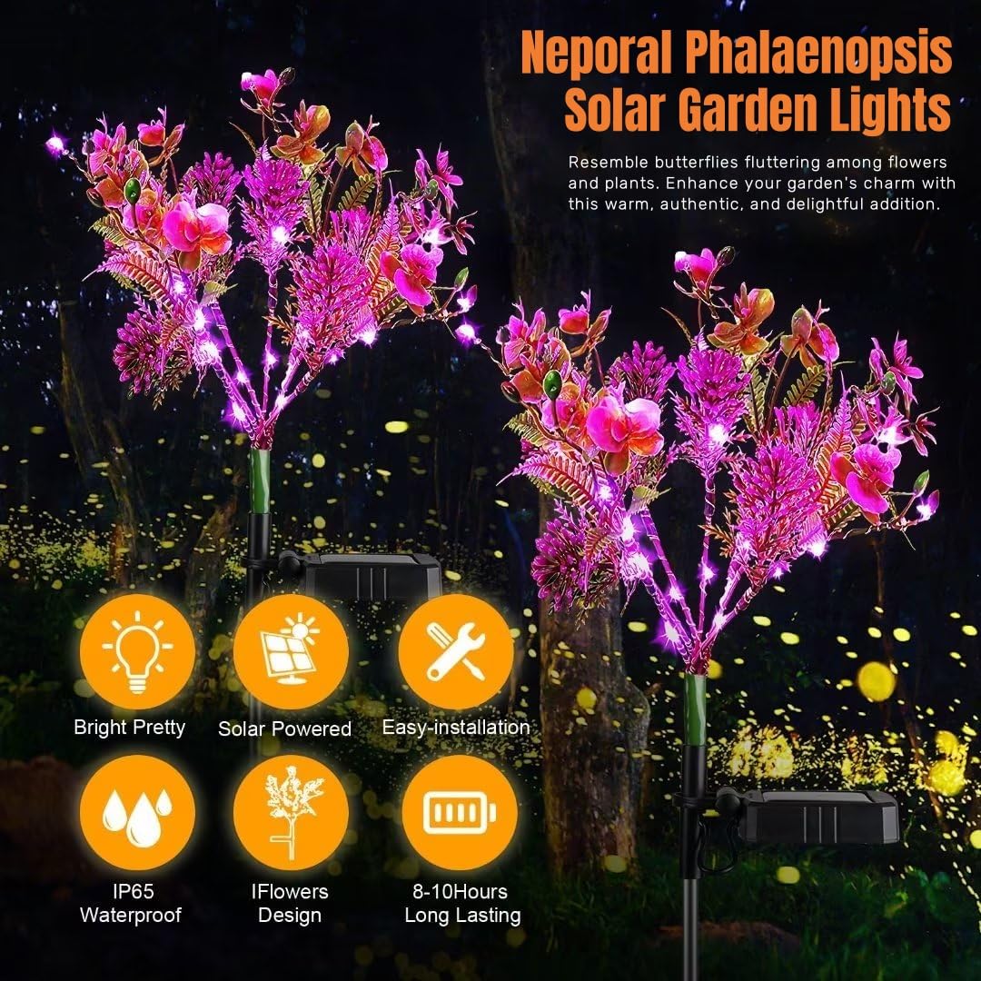 Neporal Solar Garden Lights - 2Pk Waterproof Phalaenopsis Flowers, Purple Plastic Outdoor Decor