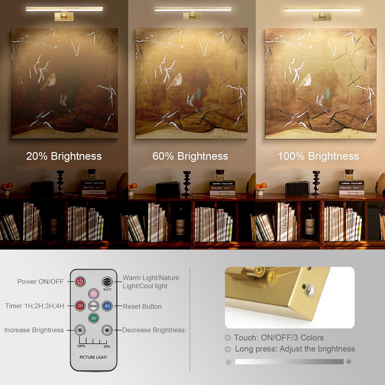 Howmzon Wireless Picture Light,17.5&quot; Art Light, Picture Light Battery Operated,3Cct Picture Lights For Wall,Wireless Picture Lights With Remote For Wall Display, Photo,Library Brass-Plated