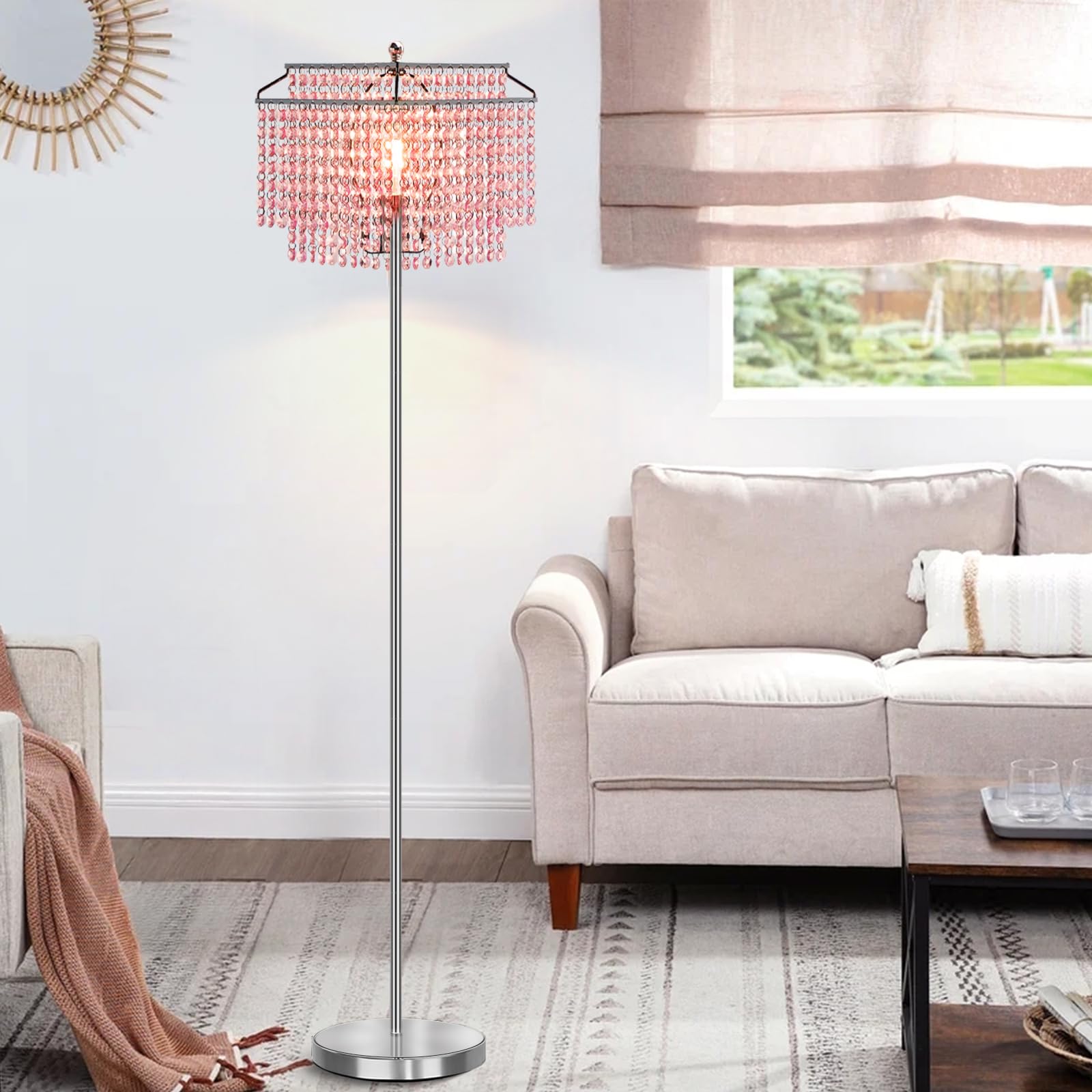 Luvkczc Pink Crystal Floor Lamp, 64" Tall Metal Standing Lamp with Double-Layer Lampshade, On/Off Foot Switch for Living Room and Office