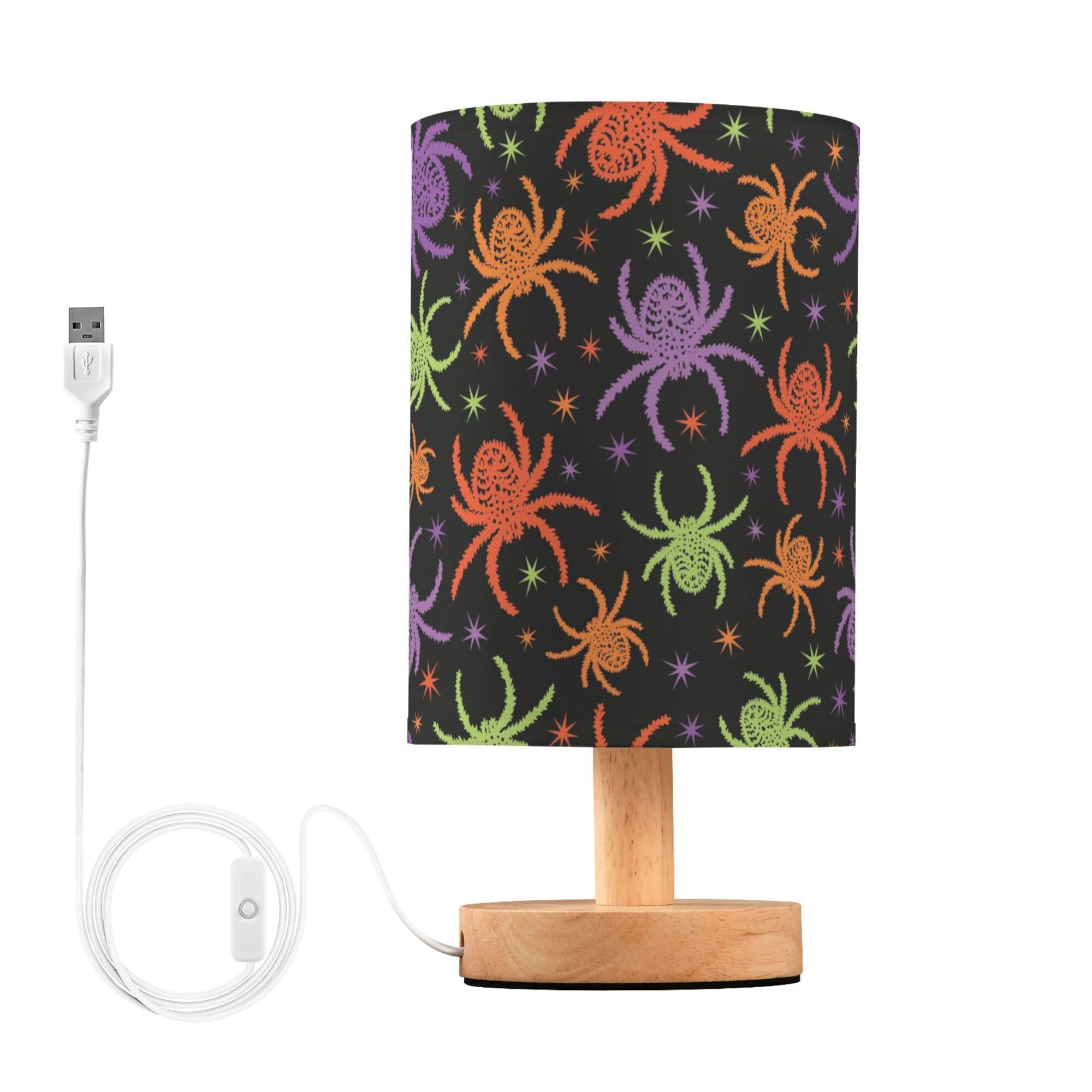 Yyzzh Table Lamp Colorful Spooky Spider Halloween Creepy Pattern Nightstand Lamp With Wood Base Fabric Lamp Shade Bedside Desk L