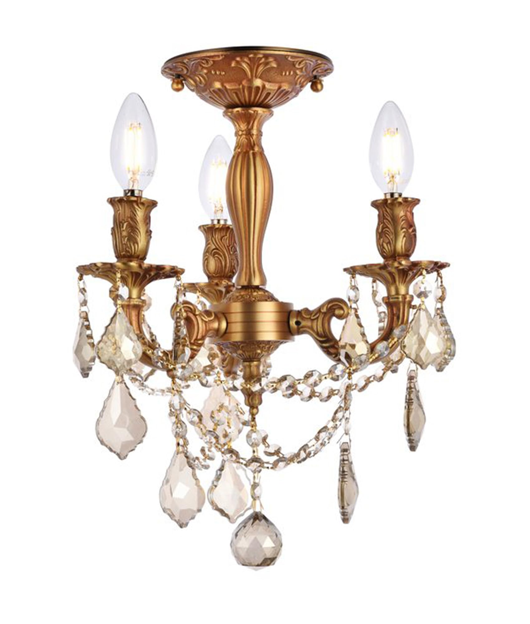 Elegant Lighting 9203F13FG-GT/RC Royal Cut Smoky Golden Teak Crystal Rosalia 3-Light, Tier Semi-Flush Crystal Chandelier, Finished in French Gold with Smoky Golden Teak Crystals